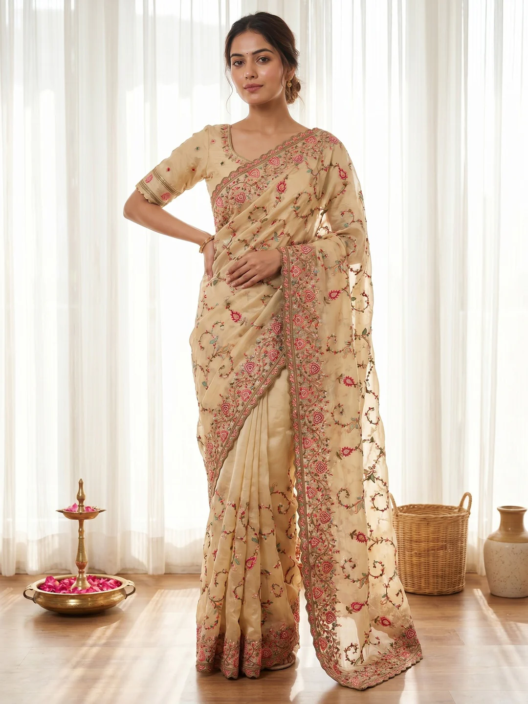 Elegant Cream Satin Saree with Intricate Thread Work Embroidery