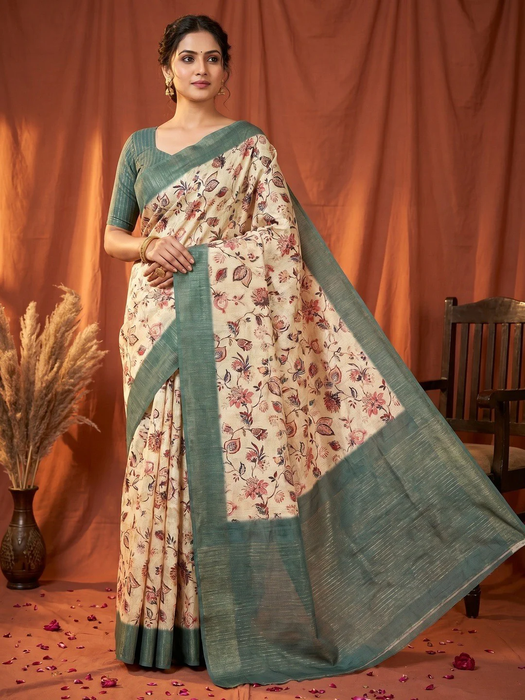 Elegant Cream & Slate Blue Floral Digital Printed Cotton Silk Saree With Rich Weaving Border Work