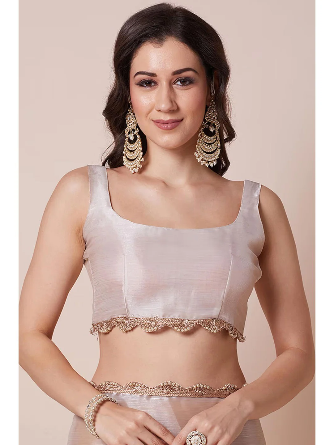 Elegant Cream Solid Art Silk Saree with Delicate Lace Border - Image 2