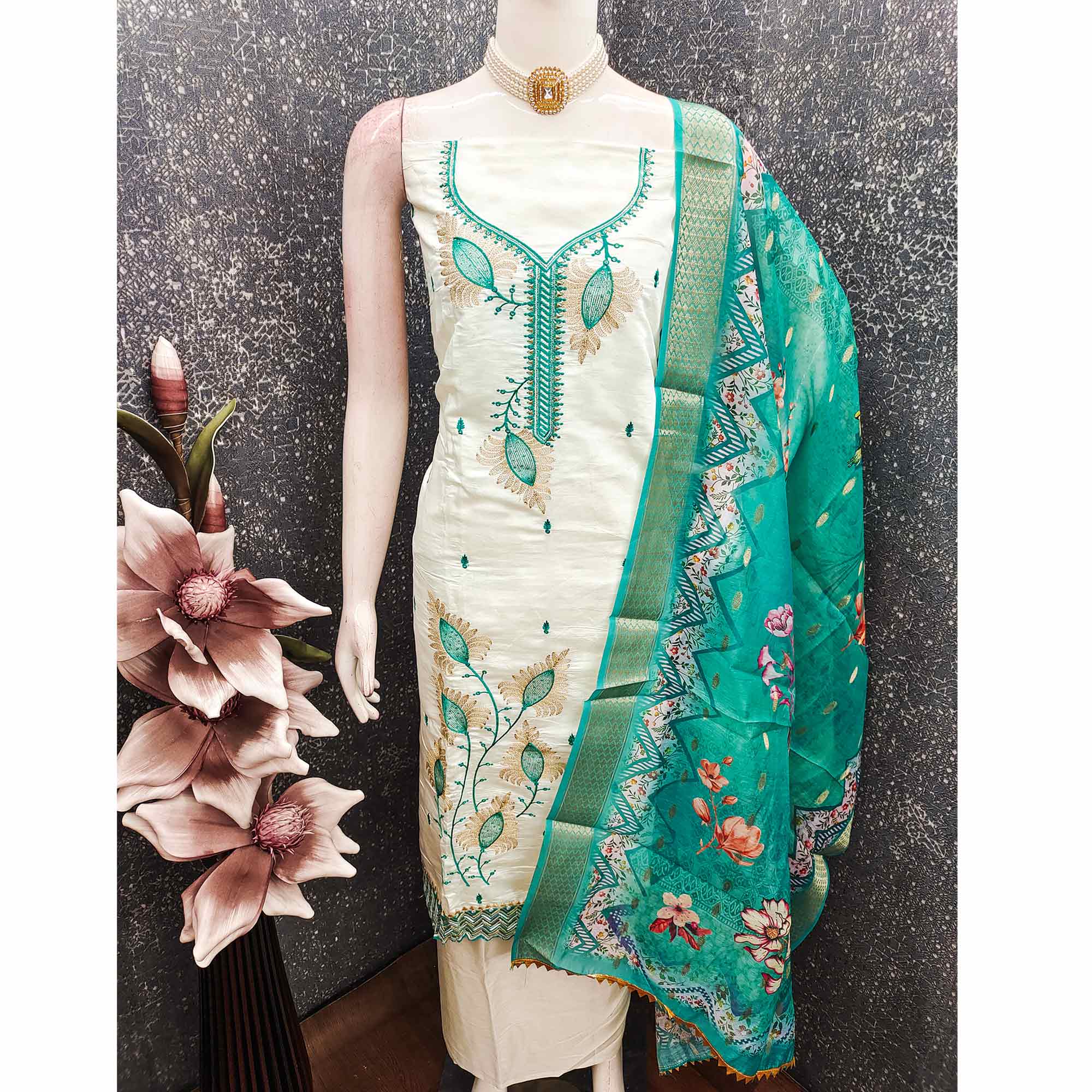 Elegant Cream & Turquoise Floral Embroidered Roman Cotton Silk Dress Material With Sequins Work - Image 5