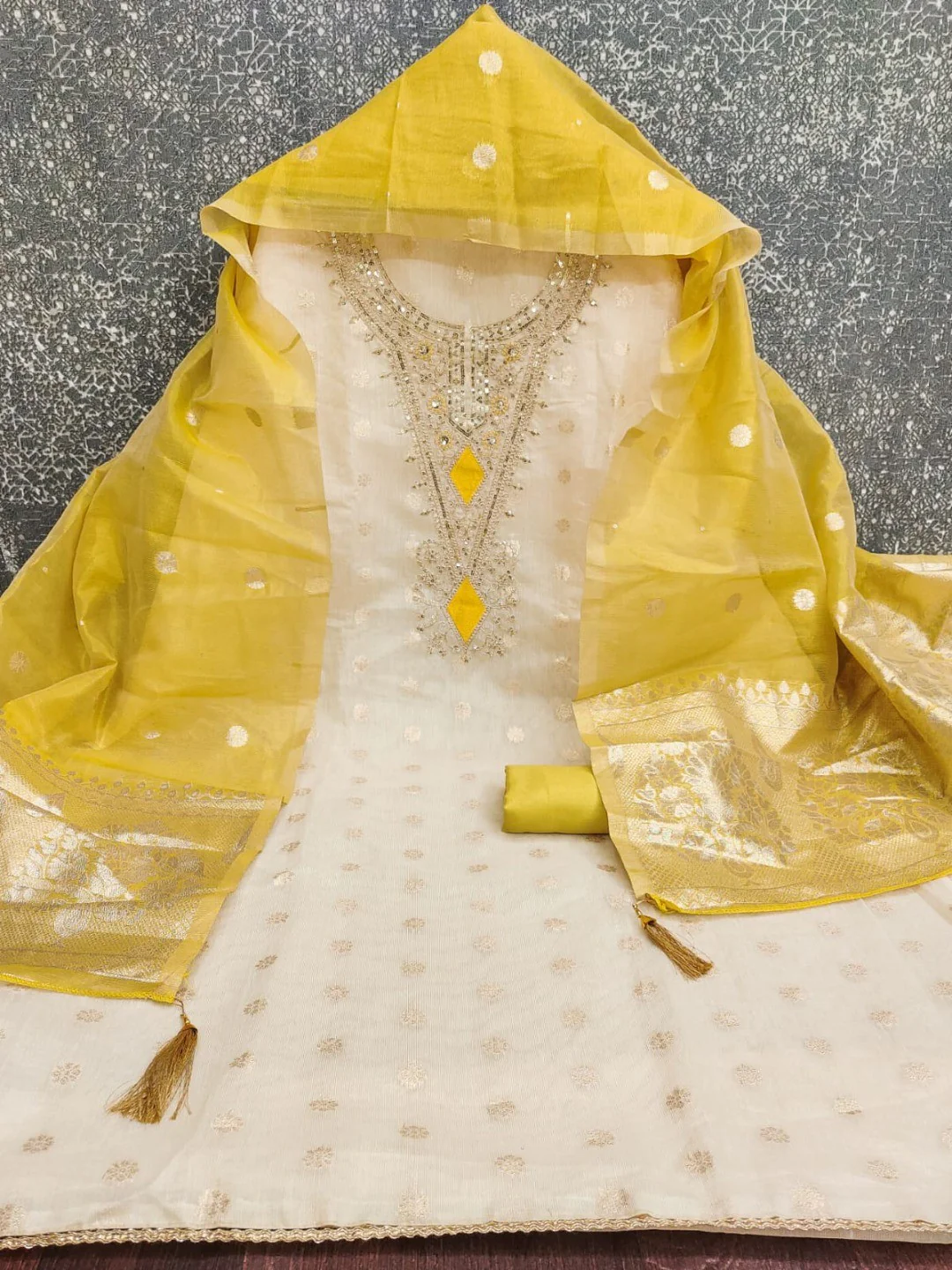 Elegant Cream & Yellow Cording Sequins Embroidered Shimmer Dress Material With Butti Weaving Work - Image 2