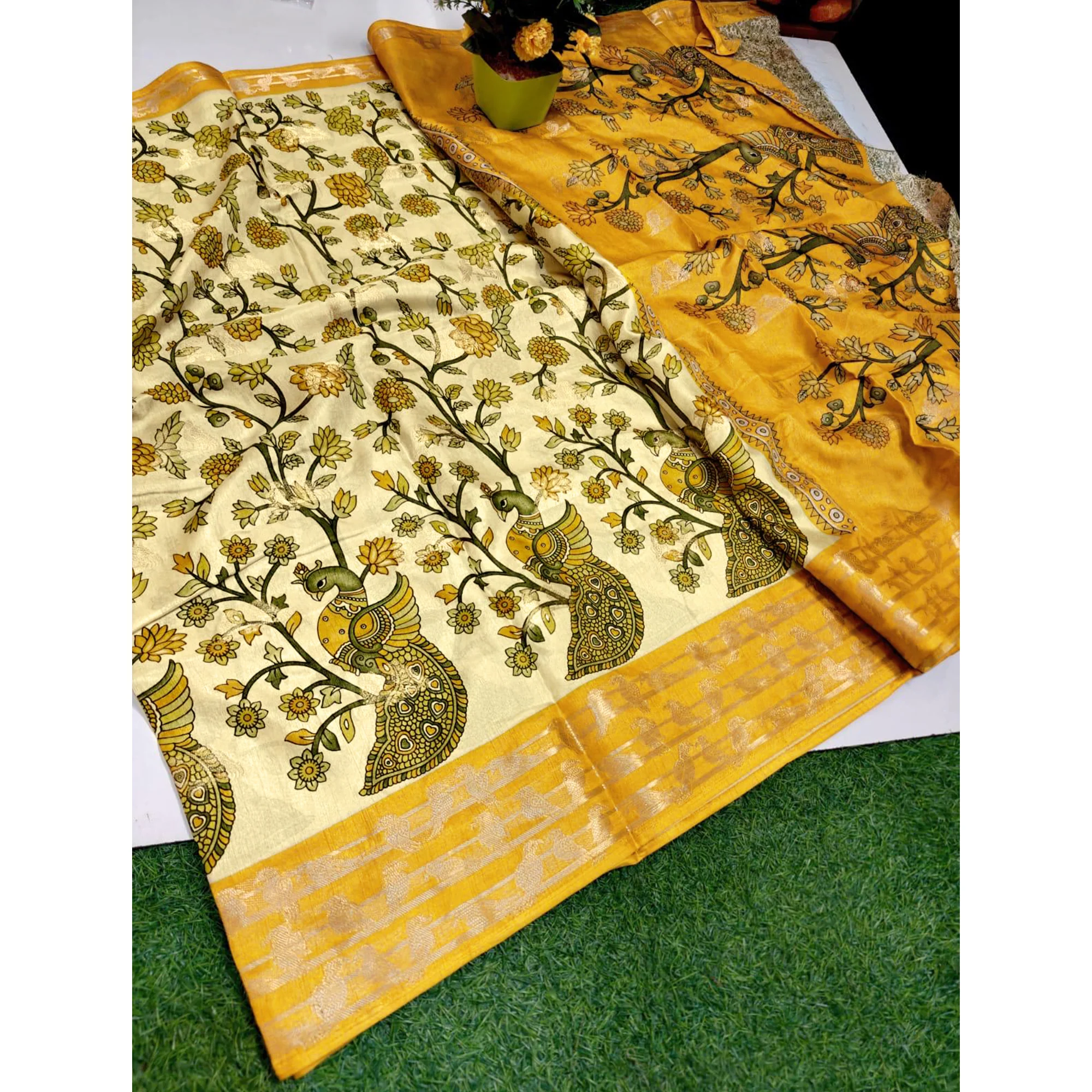Elegant Cream & Yellow Cotton Blend Saree Adorned With Vibrant Peacock Floral Print - Image 8