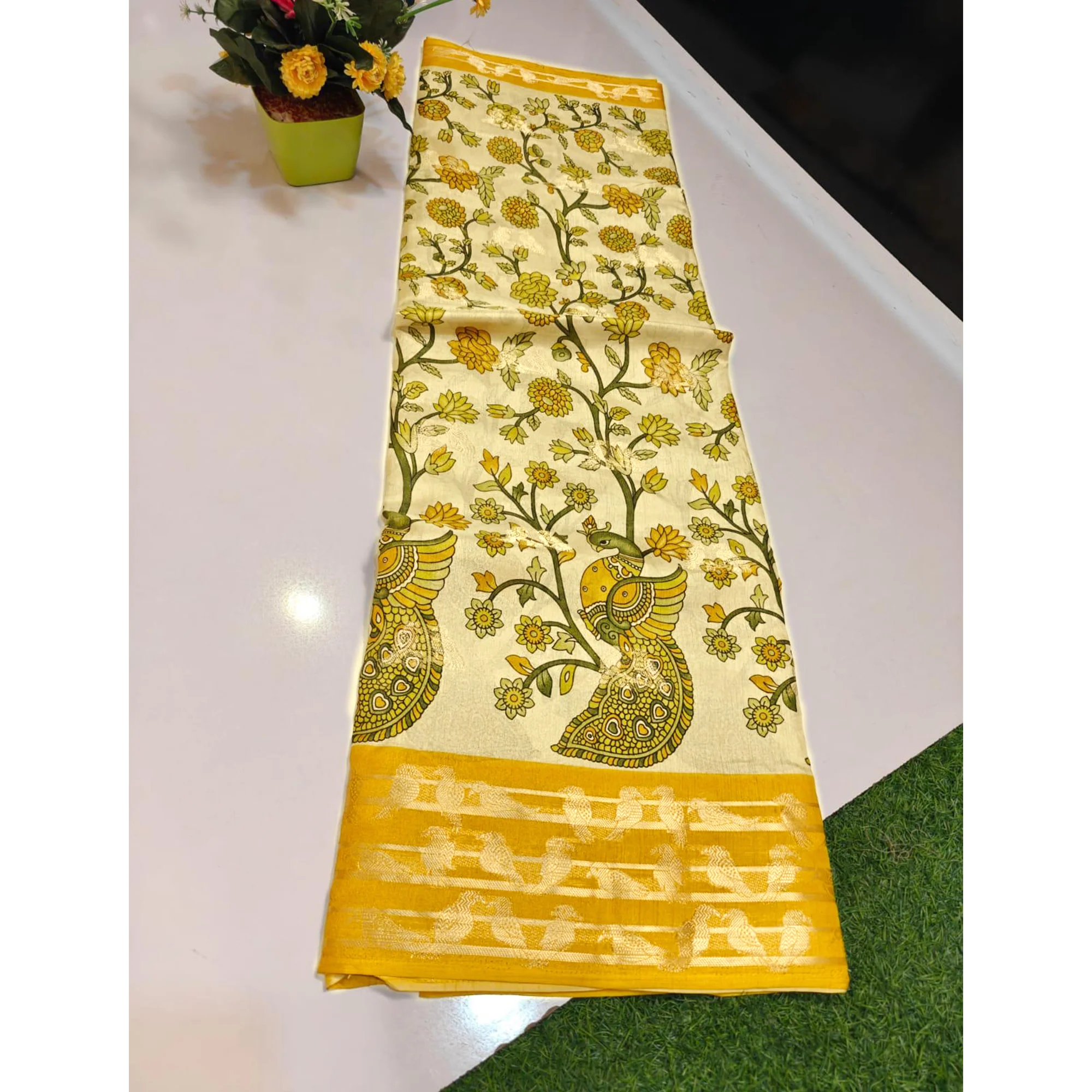 Elegant Cream & Yellow Cotton Blend Saree Adorned With Vibrant Peacock Floral Print - Image 9