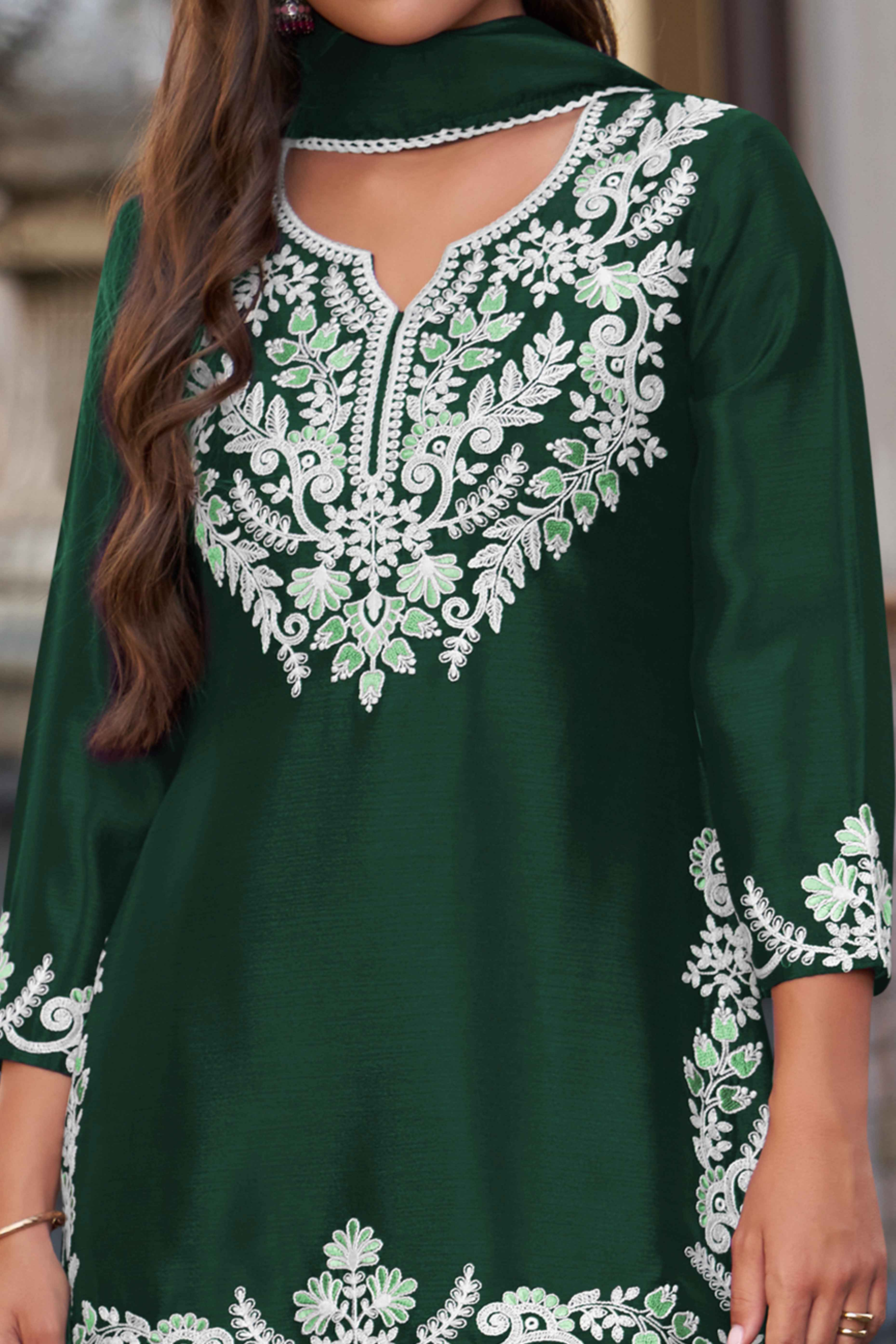 Elegant Dark Green Chinon Sharara Suit with Intricate Floral Embroidery - Image 2