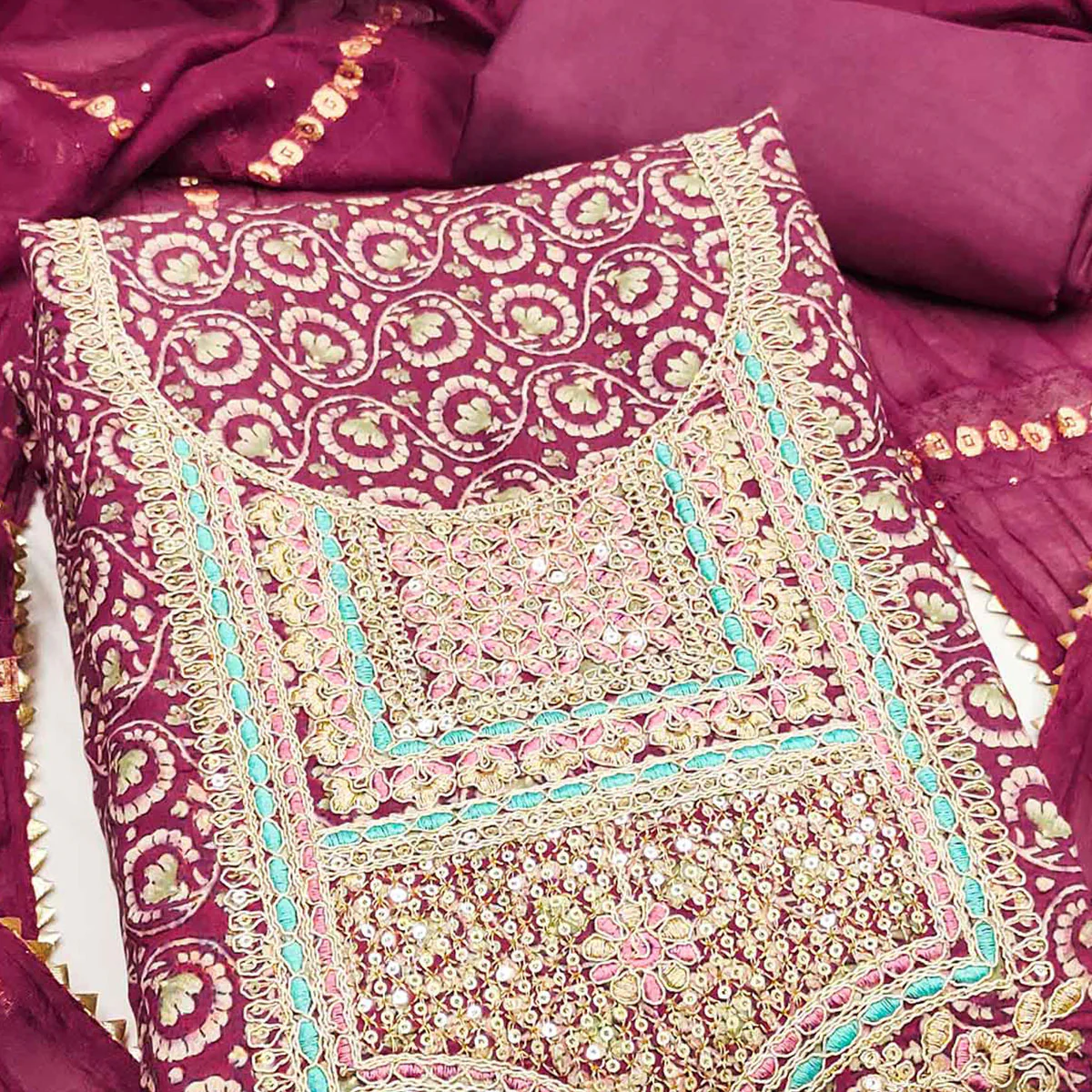 Elegant Dark Magenta Chanderi Silk Dress Material With Floral Print & Cording Embroidery - Image 2
