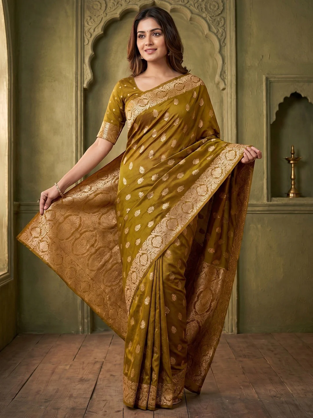Elegant Dark Mustard Floral Zari Weaving Art Silk Saree With Graceful Traditional Craftsmanship