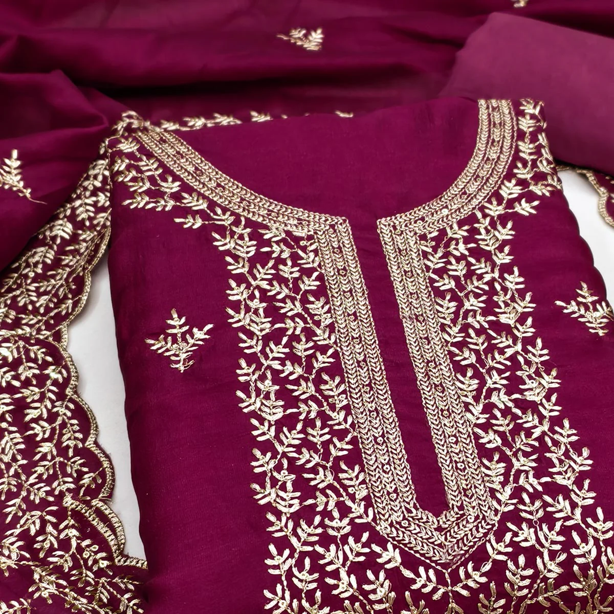 Elegant Dark Rani Pink Zari Embroidery & Sequins Embellished Vichitra Silk Dress Material - Image 2