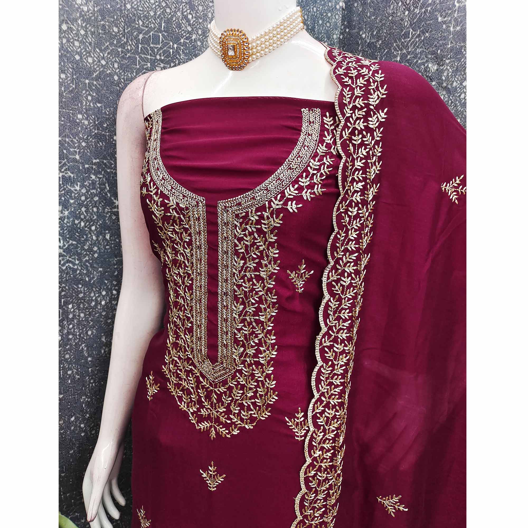 Elegant Dark Rani Pink Zari Embroidery & Sequins Embellished Vichitra Silk Dress Material - Image 4