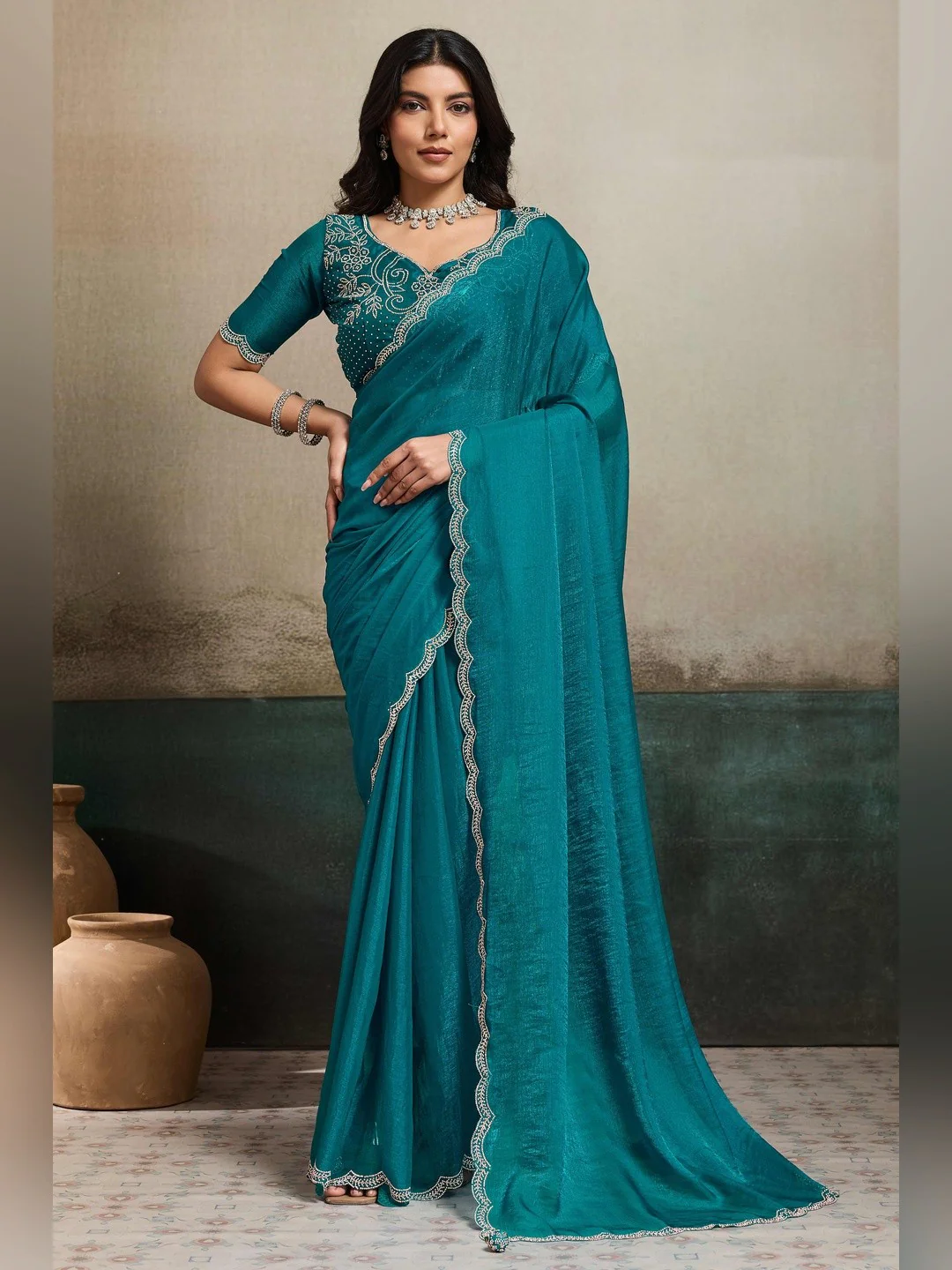 Elegant Dark Teal Solid Organza Chiffon Silk Saree Highlighted With Jarkan Work Border