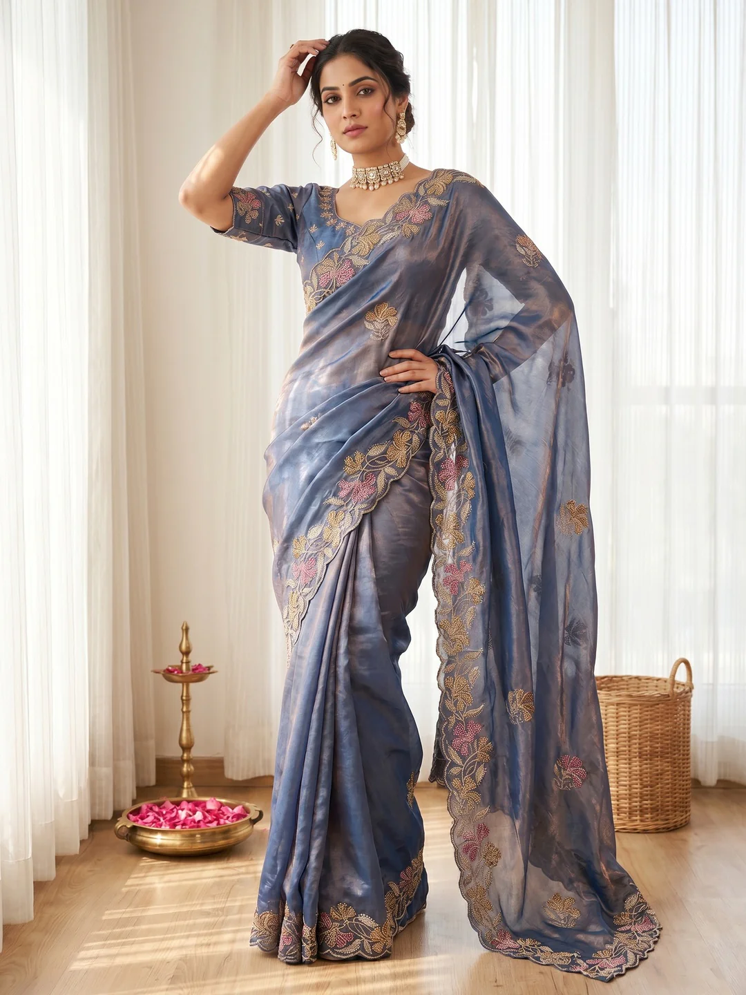 Elegant Dusty Blue Satin Embroidered Saree with Floral Details