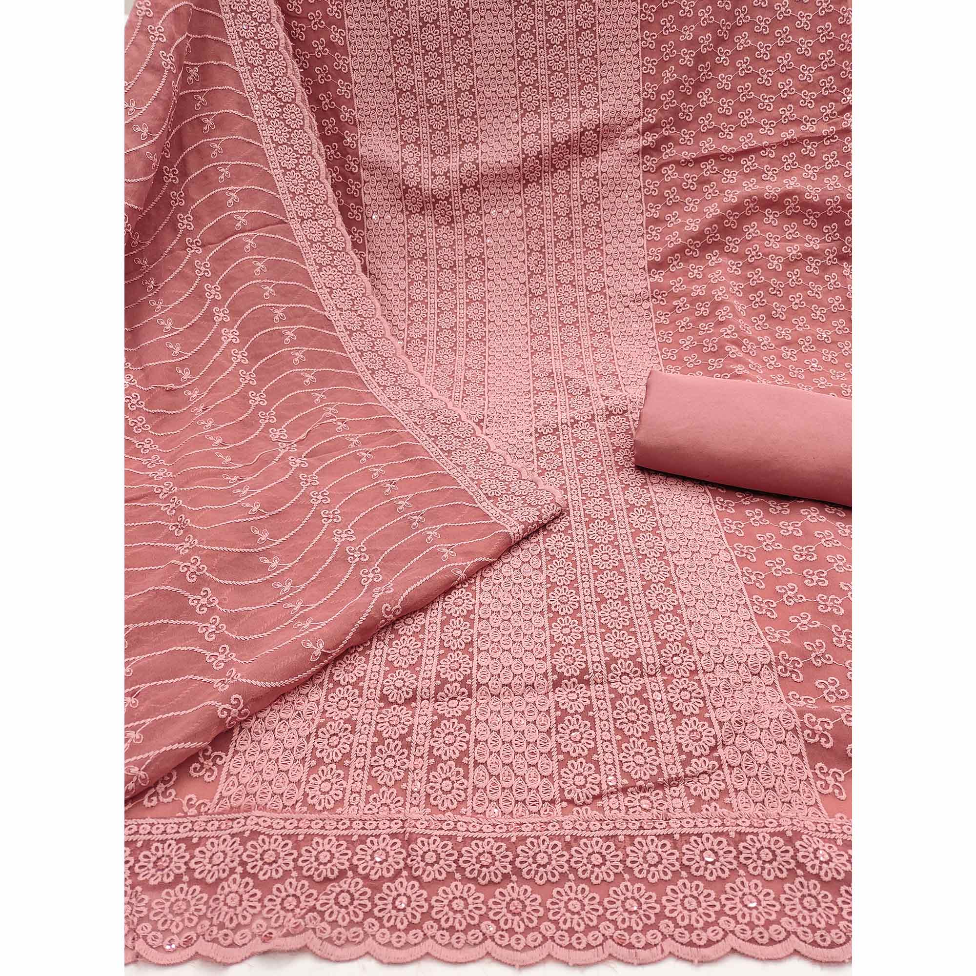 Elegant Dusty Rose Pink Floral Thread Embroidered With Sequins Work Georgette Dress Material - Image 3