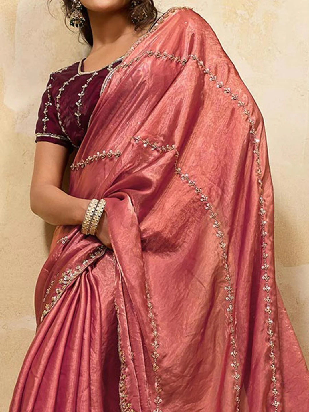 Elegant Dusty Rose Pink Sequins Embroidered Velvet Satin Saree Adorned With Beads & Cutdana Work - Image 4