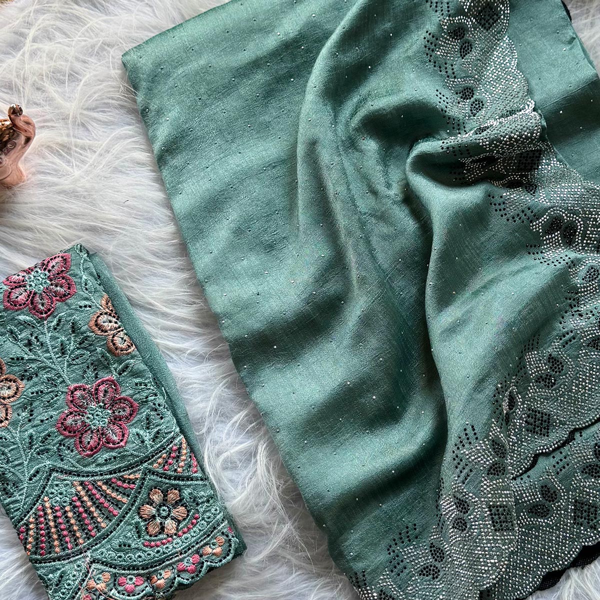 Elegant Dusty Turquoise Vichitra Silk Saree Adorned with Sparkling Swarovski Work & Jarkan Border - Image 2