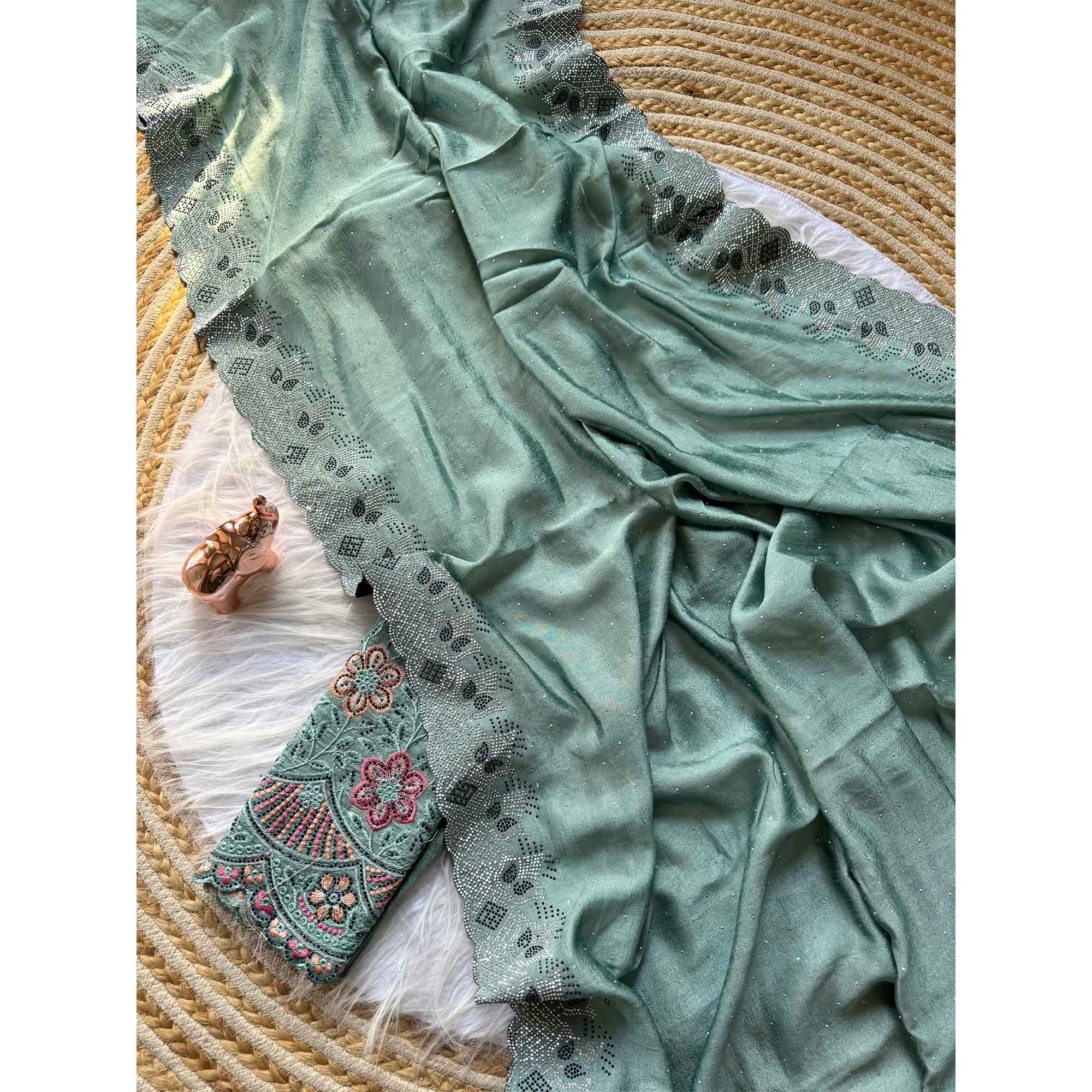 Elegant Dusty Turquoise Vichitra Silk Saree Adorned with Sparkling Swarovski Work & Jarkan Border - Image 4