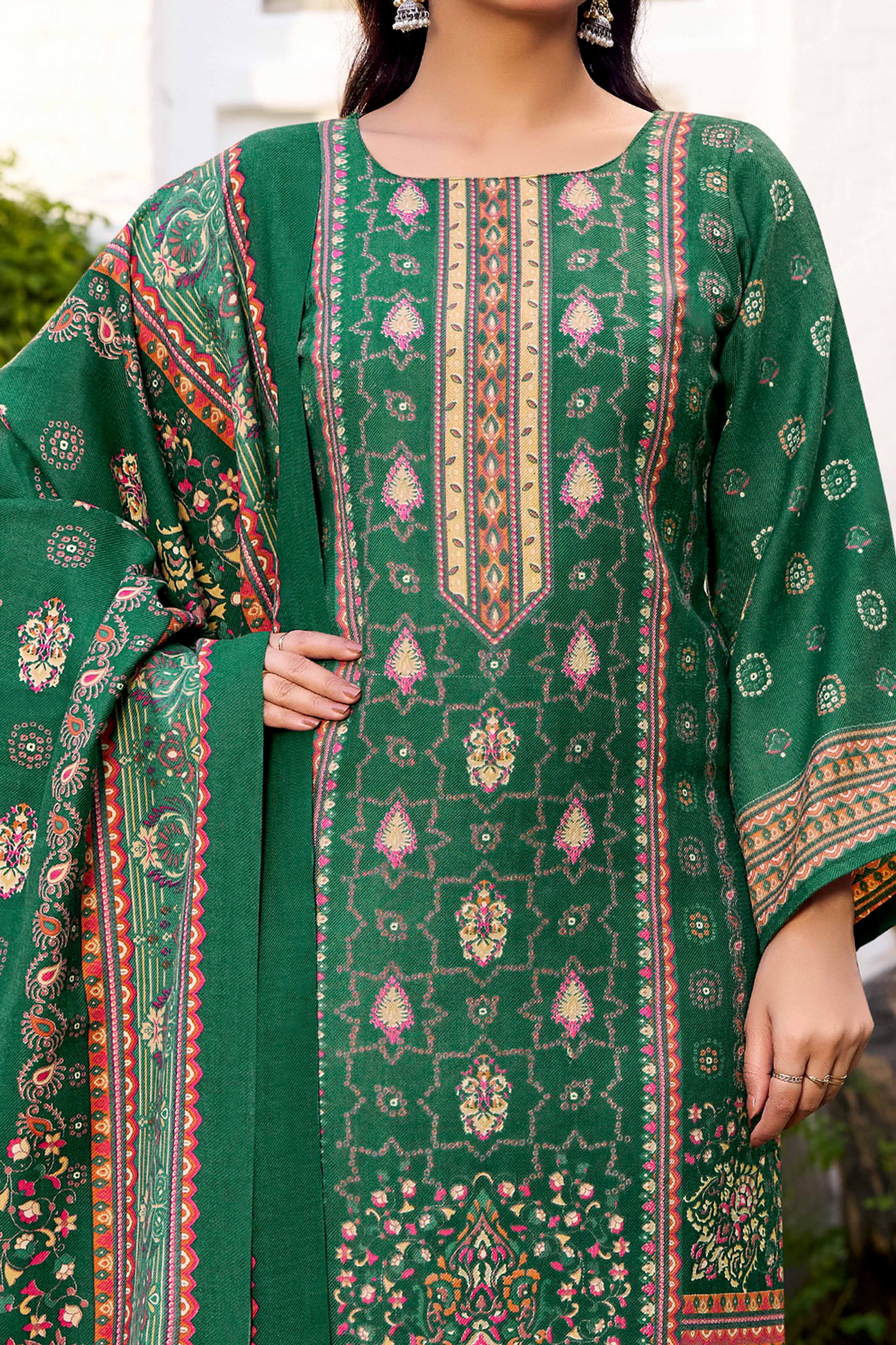 Elegant Emerald Green Floral Printed Pure Pashmina Dress Material for Winter Wear - Image 2
