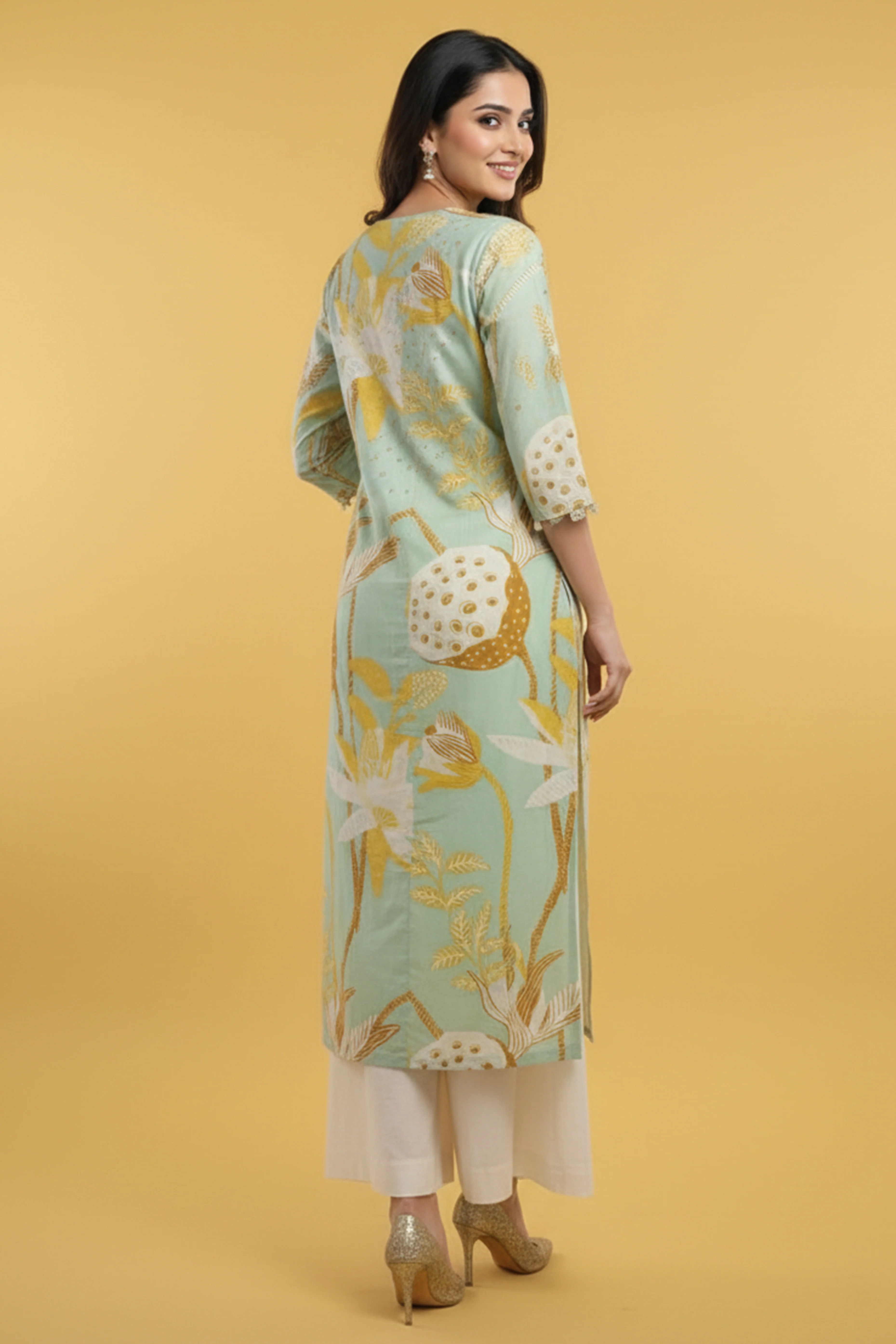 Elegant Floral Printed A-Line Kurti In Light Sky Blue Cotton Blend For Effortless Style - Image 3