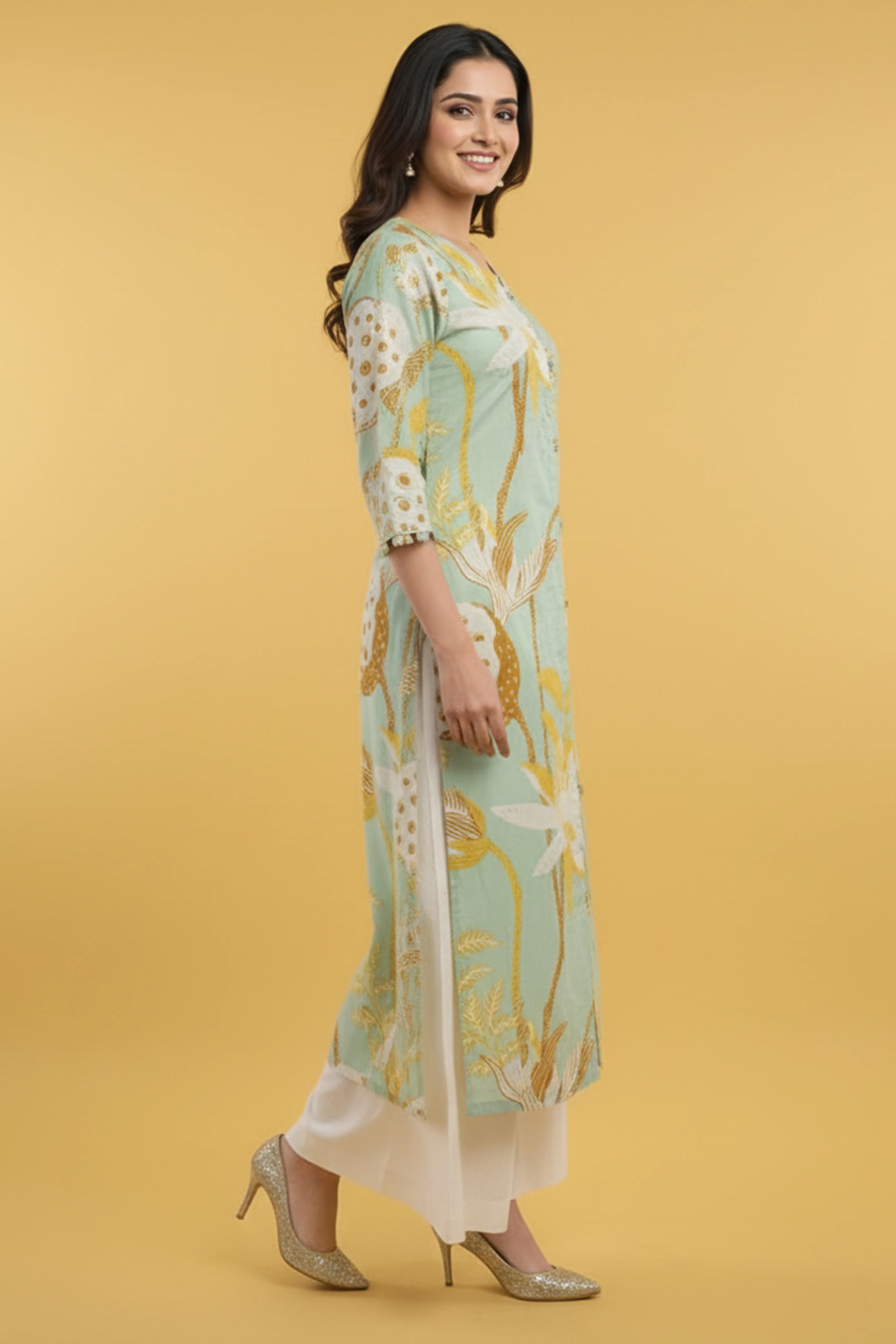 Elegant Floral Printed A-Line Kurti In Light Sky Blue Cotton Blend For Effortless Style - Image 4