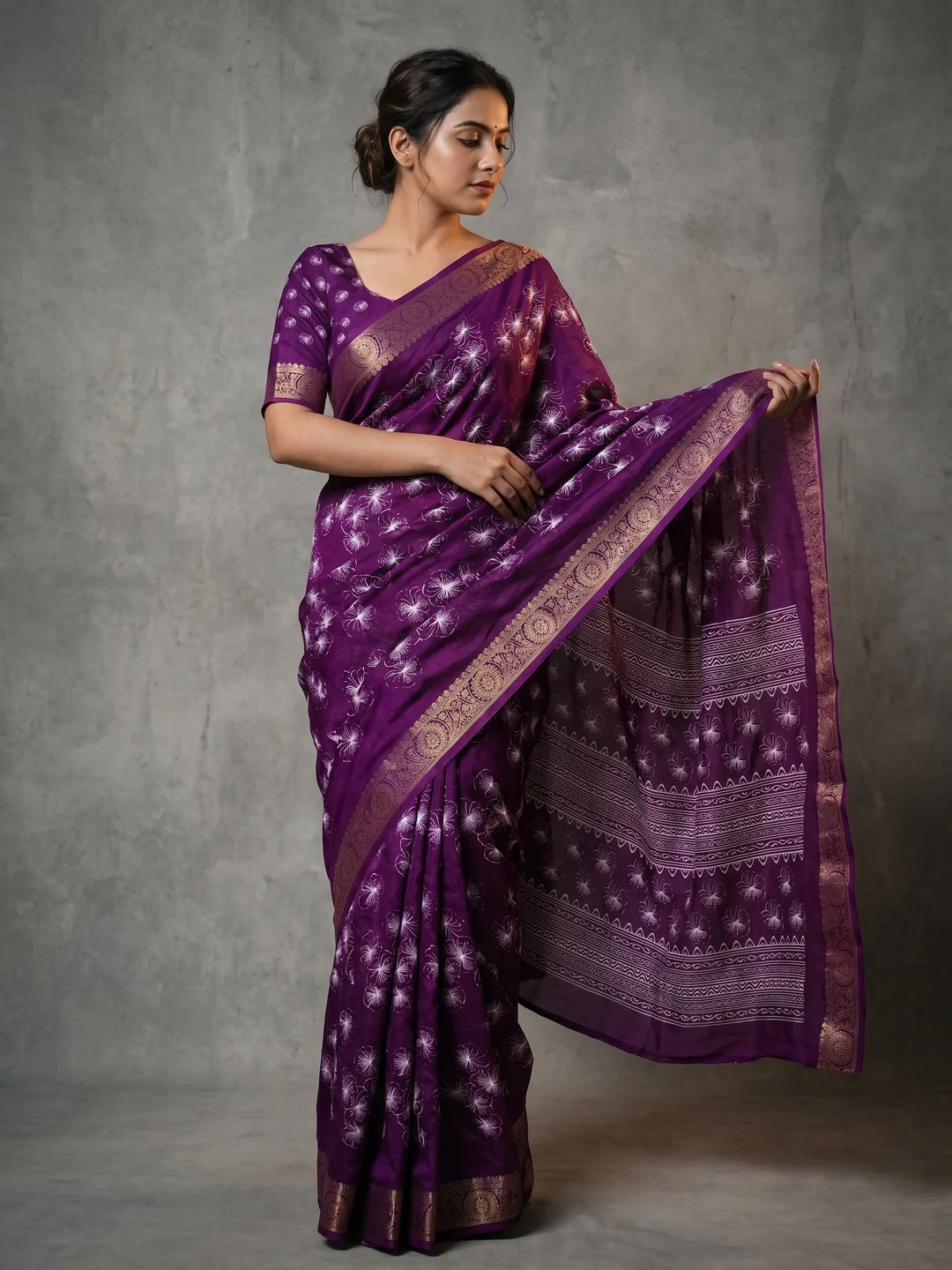 Elegant Floral Printed Dola Silk Saree in Violet with Zari Border