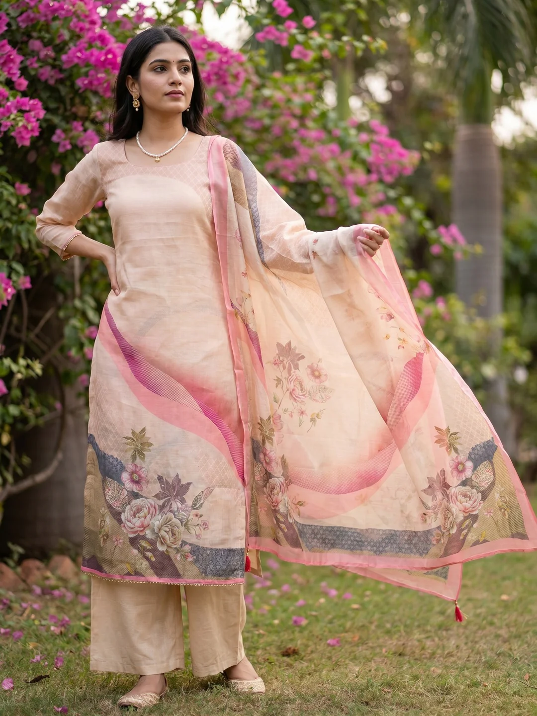 Elegant Floral Printed Peach Linen Dress Material Set