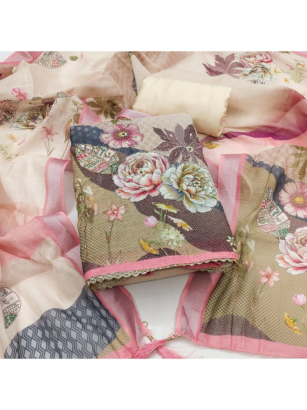 Elegant Floral Printed Peach Linen Dress Material Set - Image 3