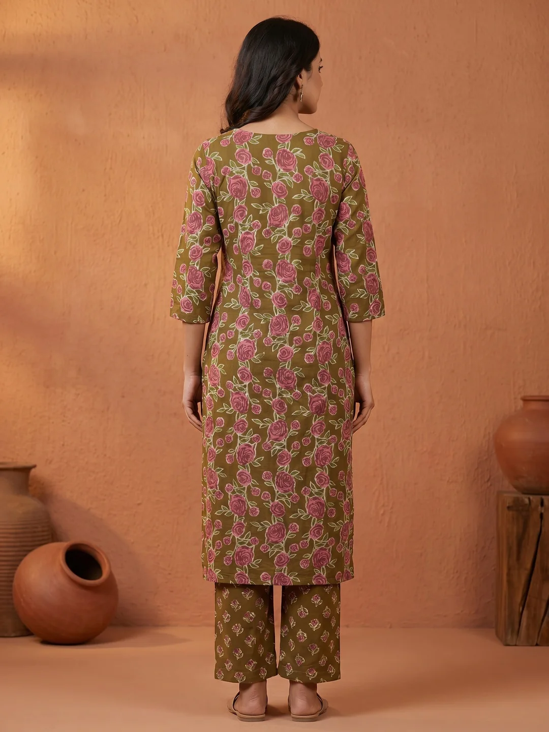 Elegant Floral Printed Pure Cotton Mehandi Green Kurta Set - Image 3