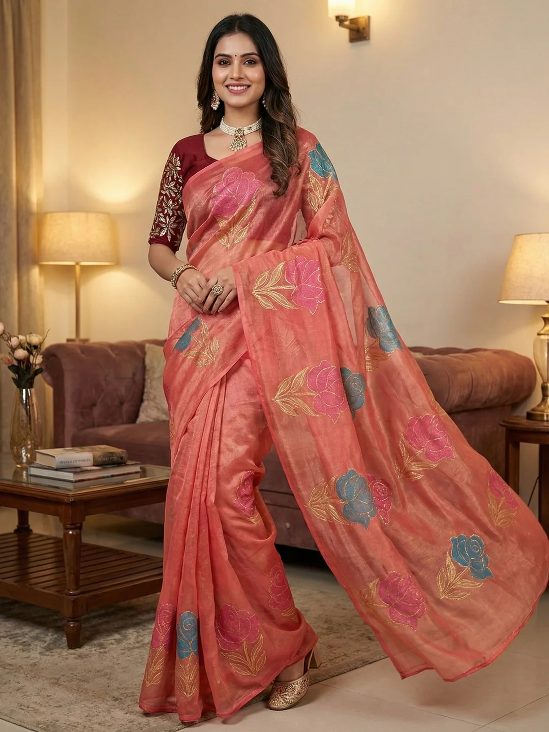 Elegant Gajari Pink Twill Net Saree Adorned With Floral Foil Printed Work For A Subtle Festive Look