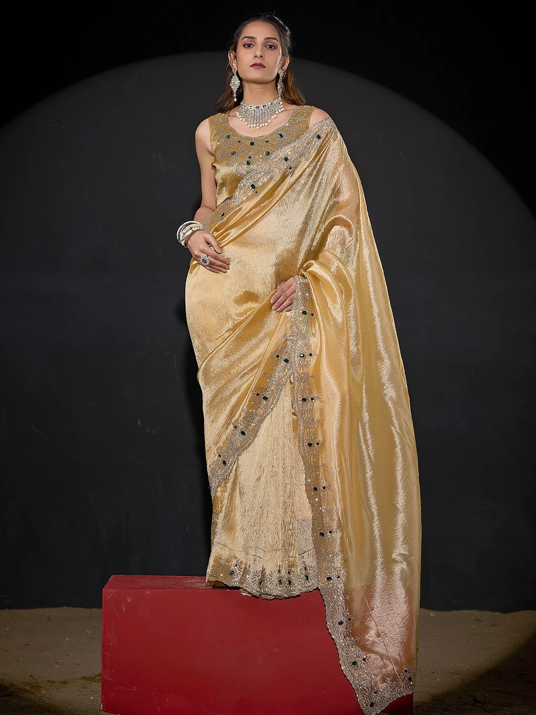 Elegant Golden Kanjivaram Silk Saree With Heavy Stone Work & Pure Kundan Border Detailing