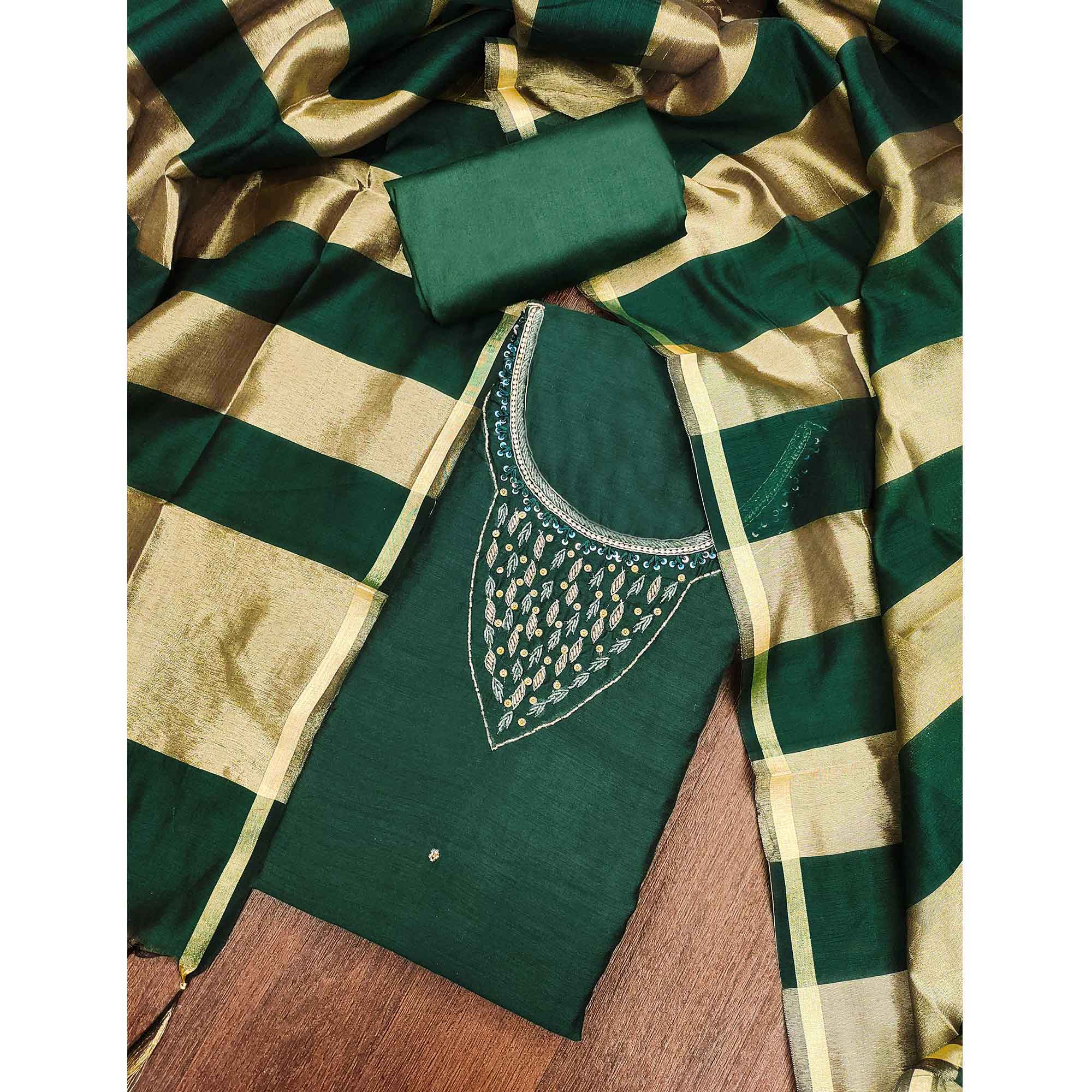 Elegant Green Beads & Sequins Handwork Chanderi Cotton Dress Material With Weaving Striped Pattern - Image 3