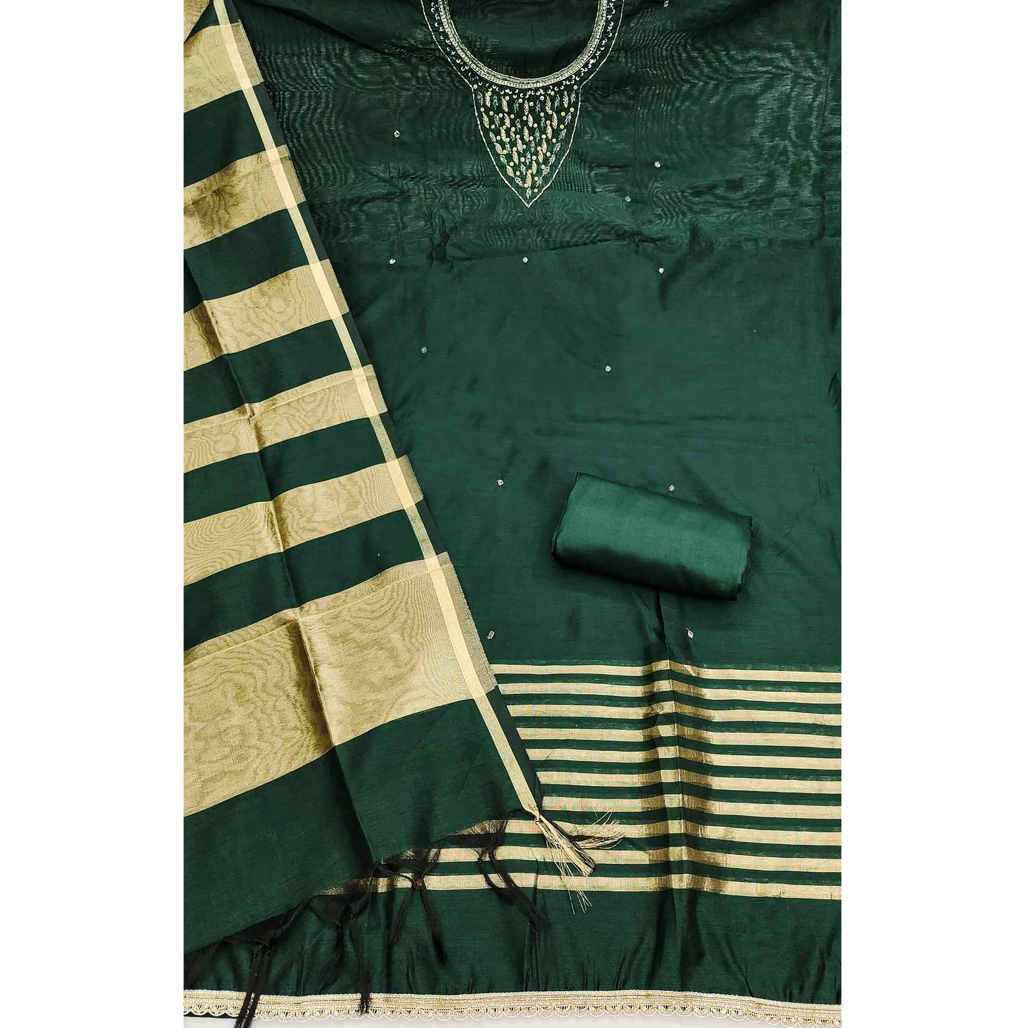 Elegant Green Beads & Sequins Handwork Chanderi Cotton Dress Material With Weaving Striped Pattern - Image 4