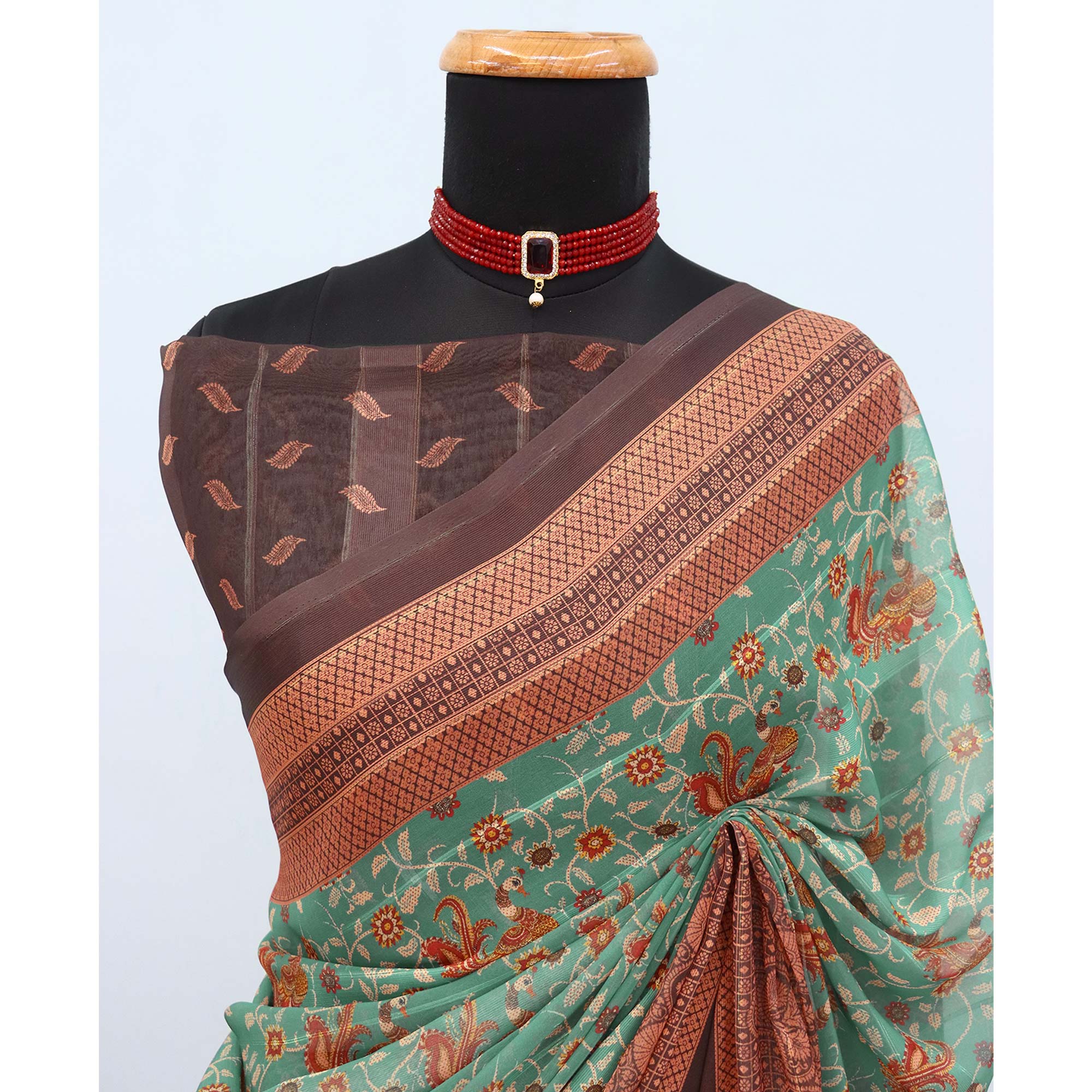 Elegant Green & Brown Floral Digital Printed Georgette Saree Adorned With Subtle Zari Stripes - Image 4