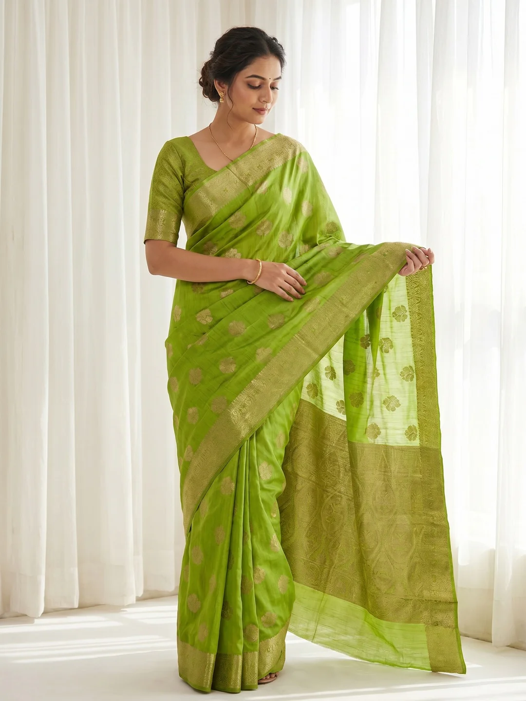 Elegant Green Cotton Silk Saree with Floral Zari Weave
