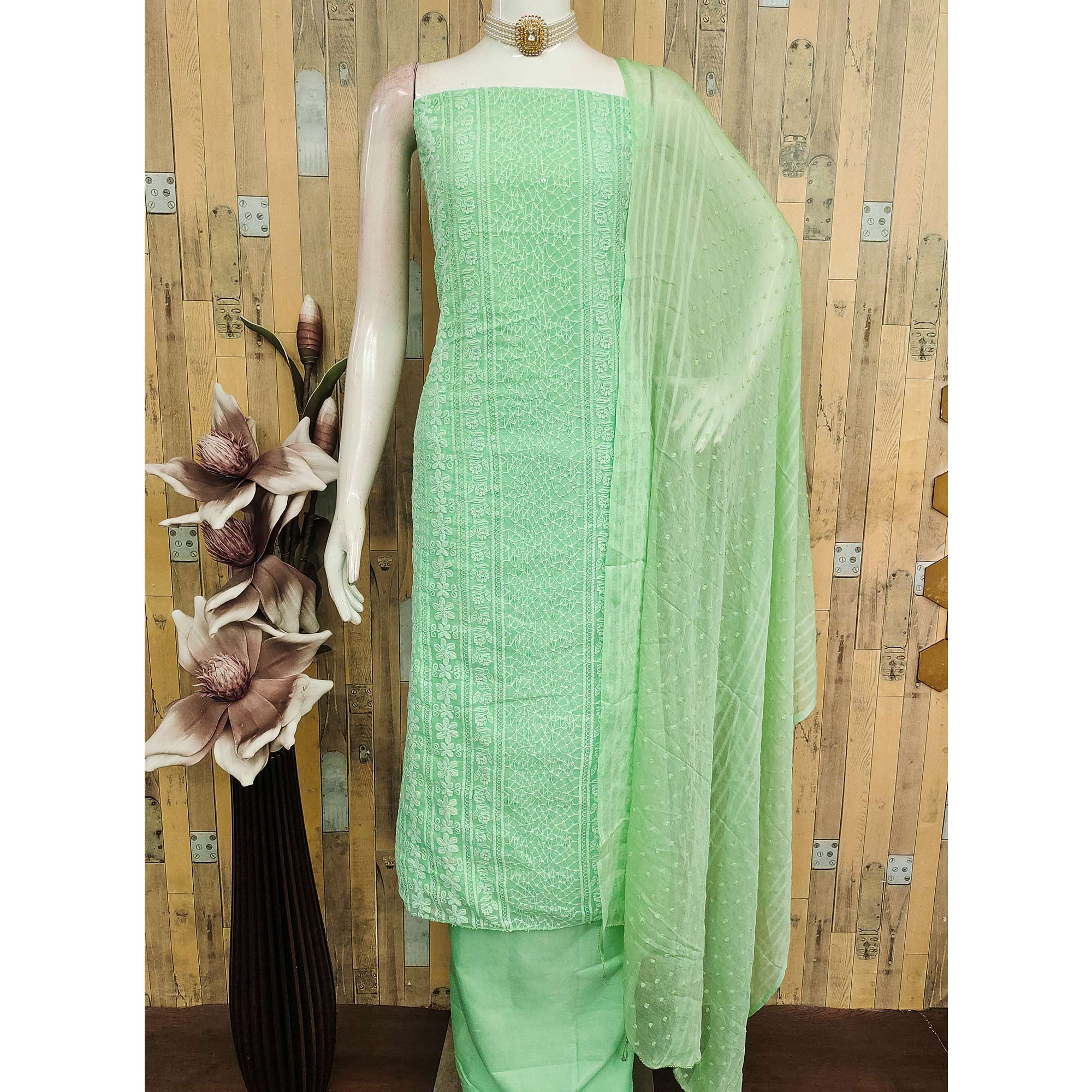 Elegant Green Floral Embroidered Georgette Dress Material With Delicate Sequins Accents - Image 3