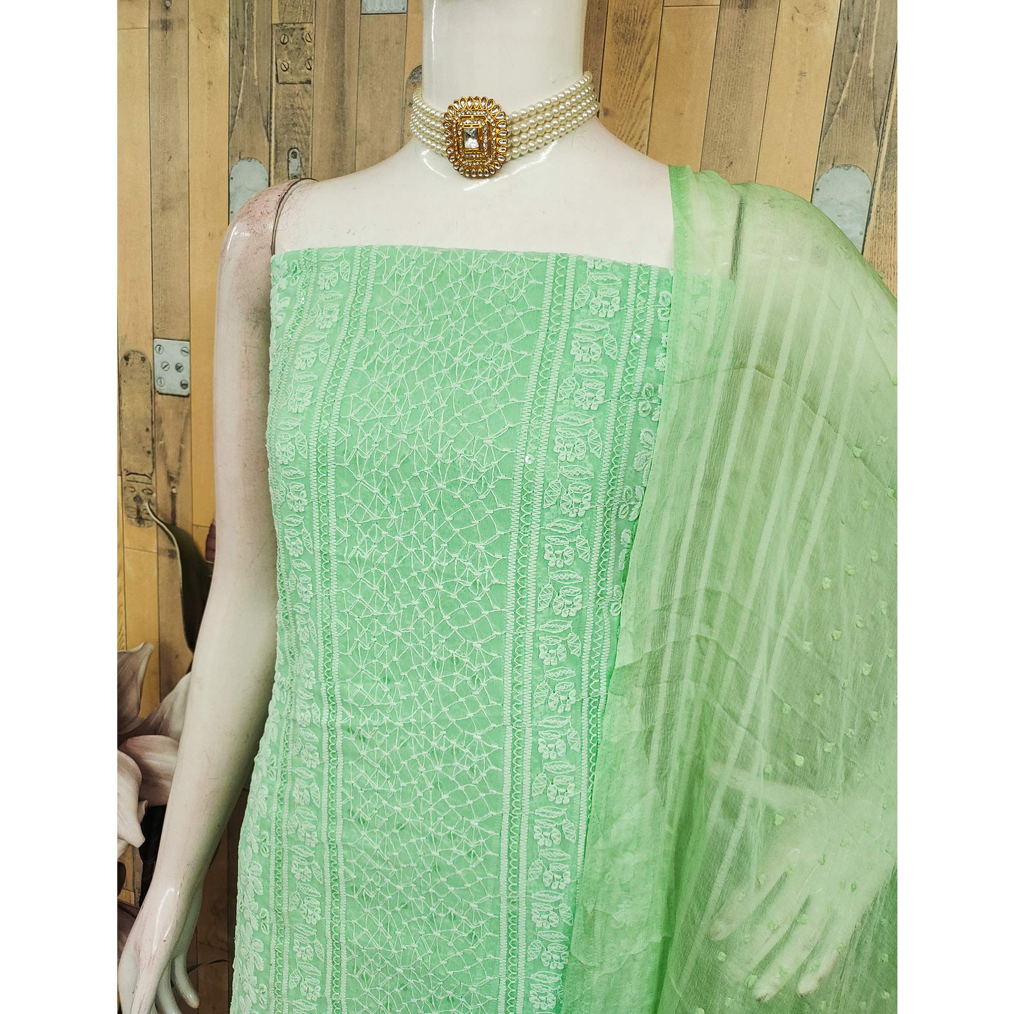Elegant Green Floral Embroidered Georgette Dress Material With Delicate Sequins Accents - Image 4
