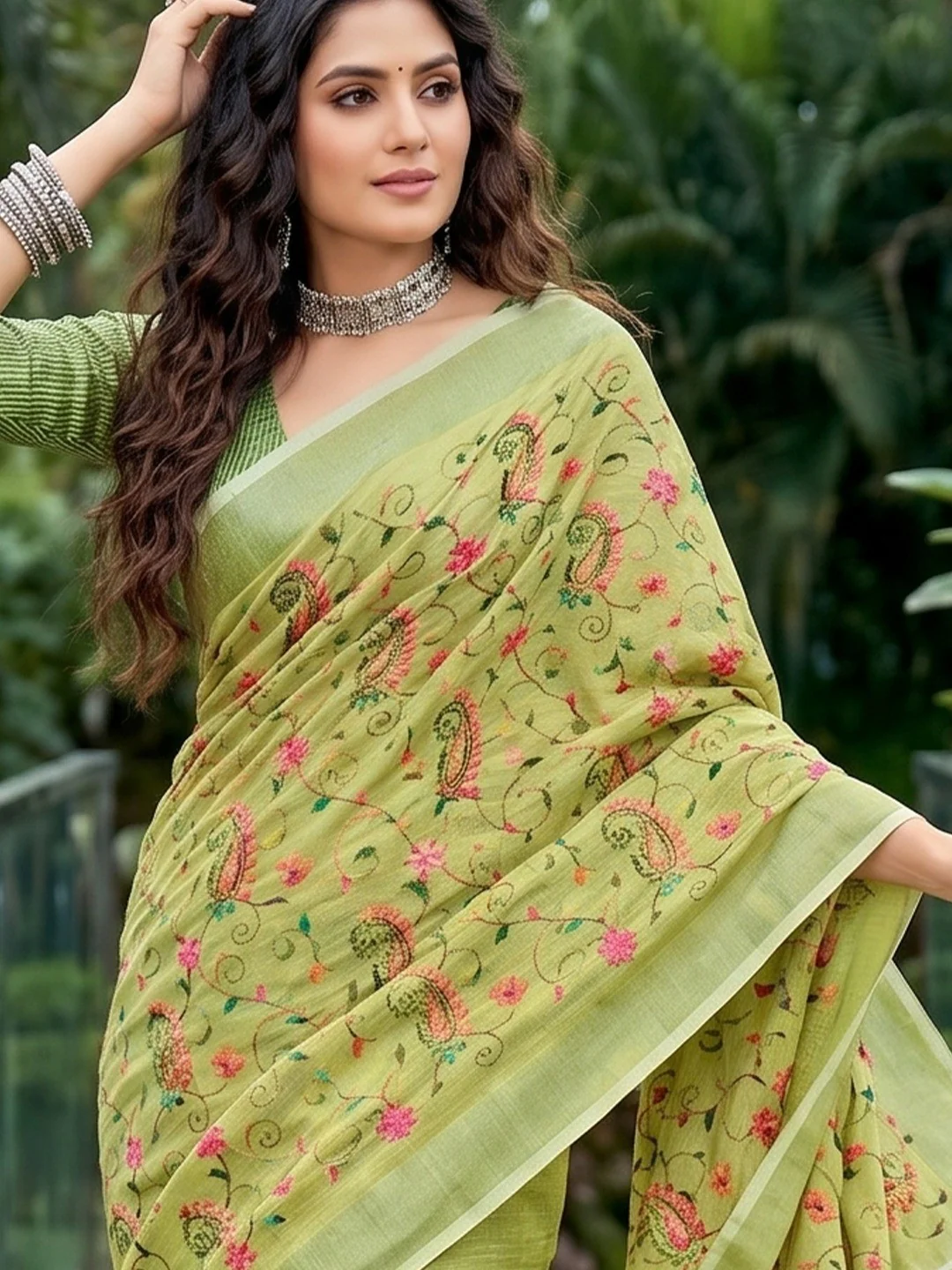 Elegant Green Floral & Paisley Embroidered Linen Saree With Intricate Thread Work - Image 4