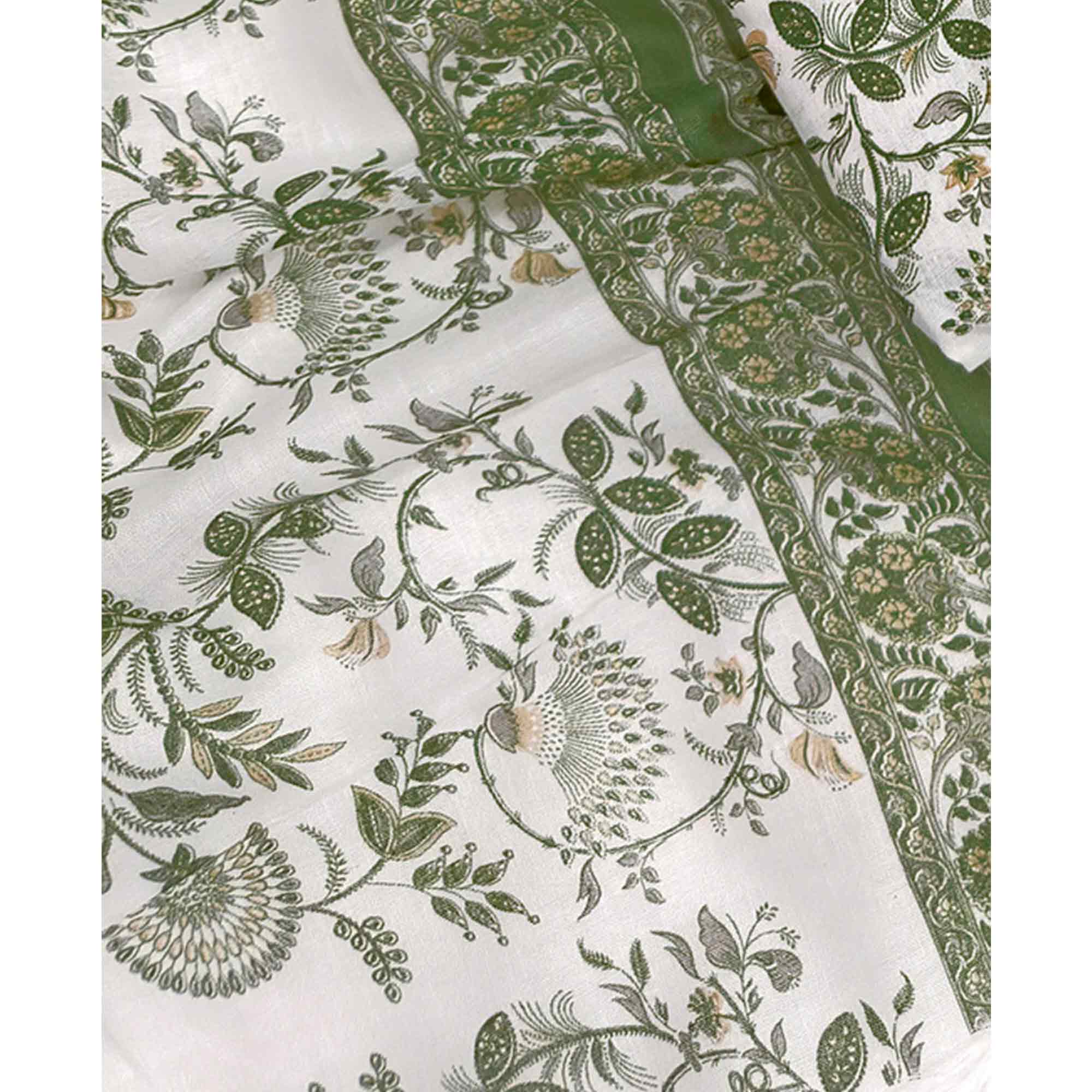 Elegant Green Floral Printed Pure Cotton Dress Material With Tie Neck & Fancy Button - Image 6