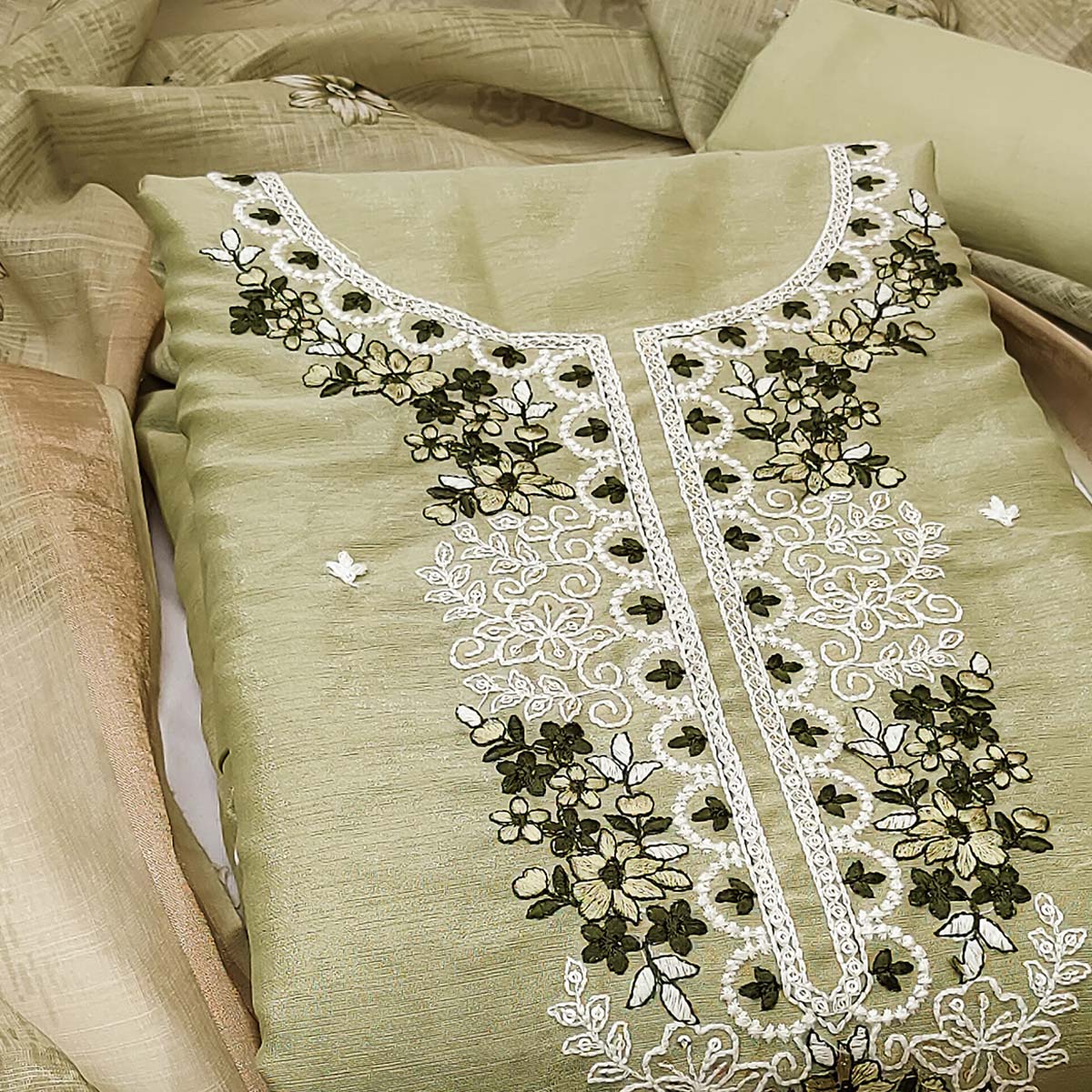 Elegant Green Floral Thread Embroidered Art Silk Dress Material Adorned With Shimmering Sequins - Image 2