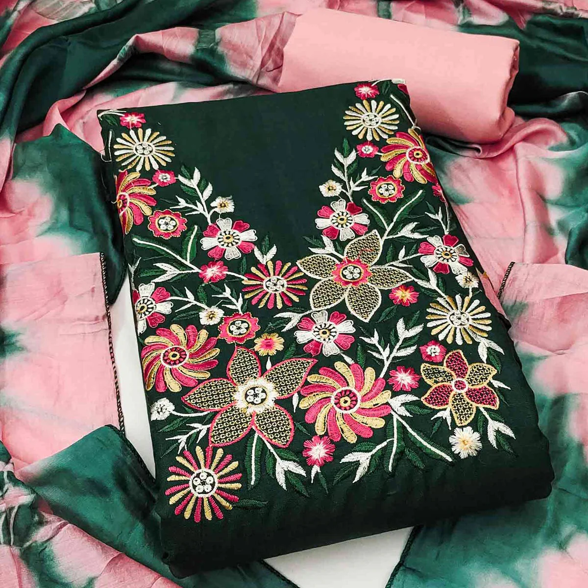 Elegant Green Floral Thread Embroidered Cotton Blend Dress Material With Gota Patti Work - Image 2