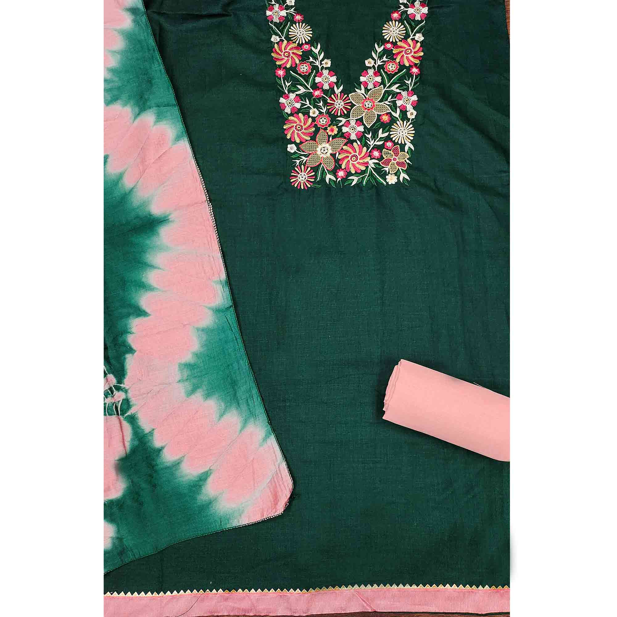 Elegant Green Floral Thread Embroidered Cotton Blend Dress Material With Gota Patti Work - Image 4