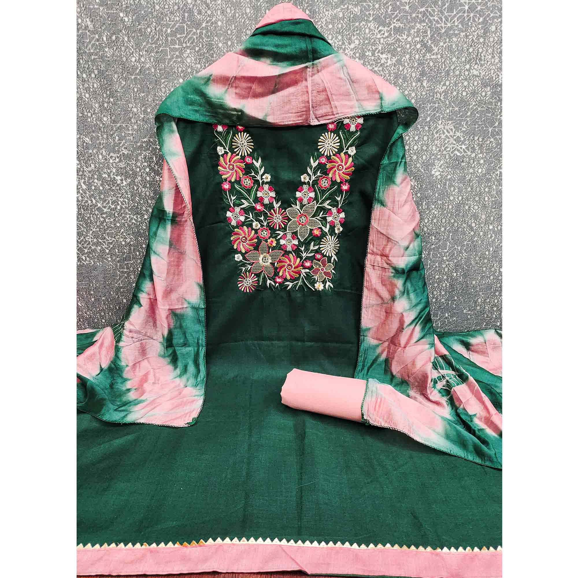 Elegant Green Floral Thread Embroidered Cotton Blend Dress Material With Gota Patti Work - Image 5