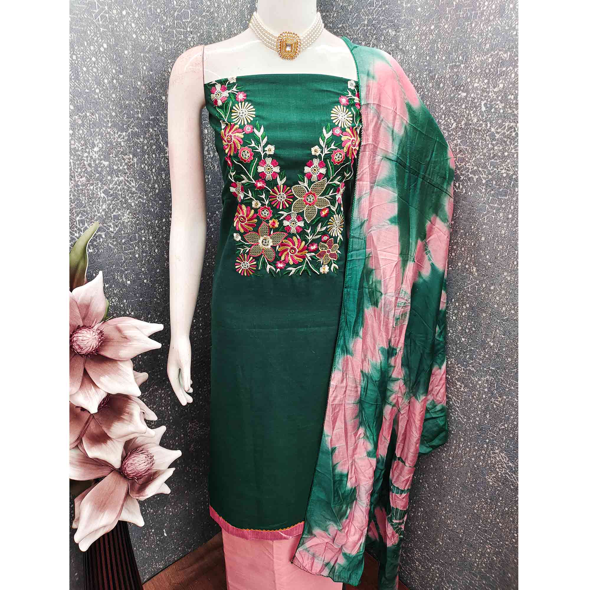 Elegant Green Floral Thread Embroidered Cotton Blend Dress Material With Gota Patti Work - Image 7