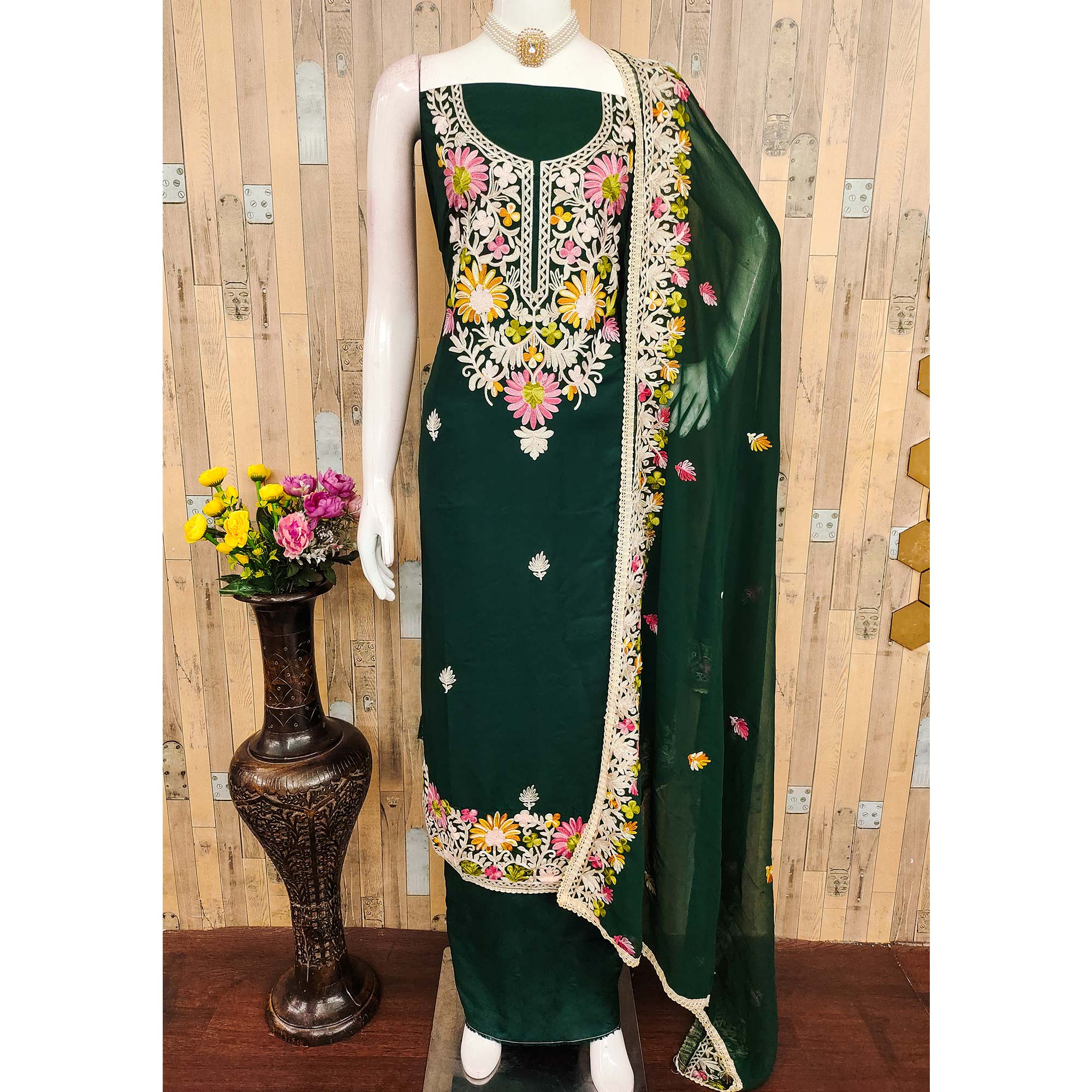 Elegant Green Floral Thread Embroidered Rayon Dress Material - Image 3
