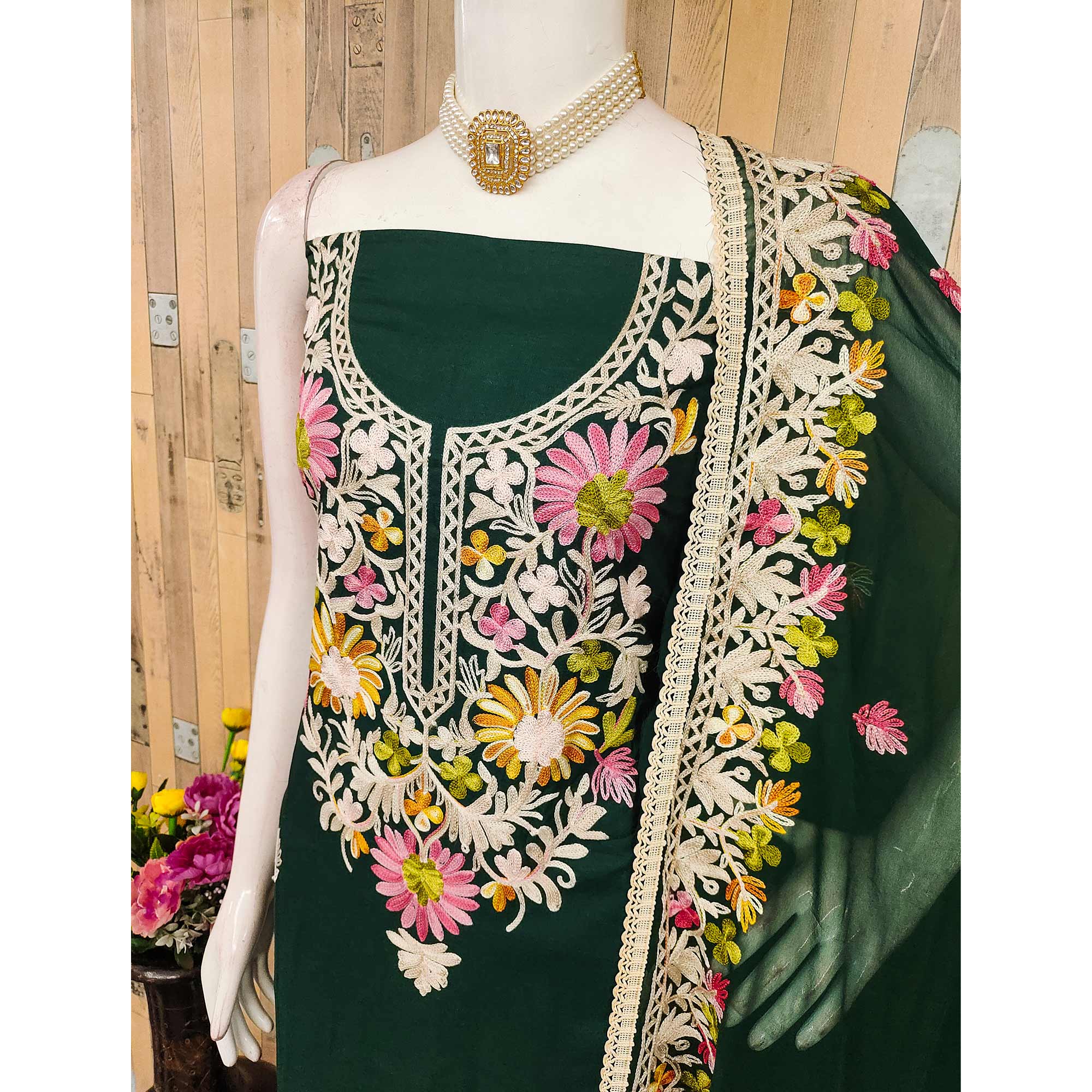 Elegant Green Floral Thread Embroidered Rayon Dress Material - Image 4