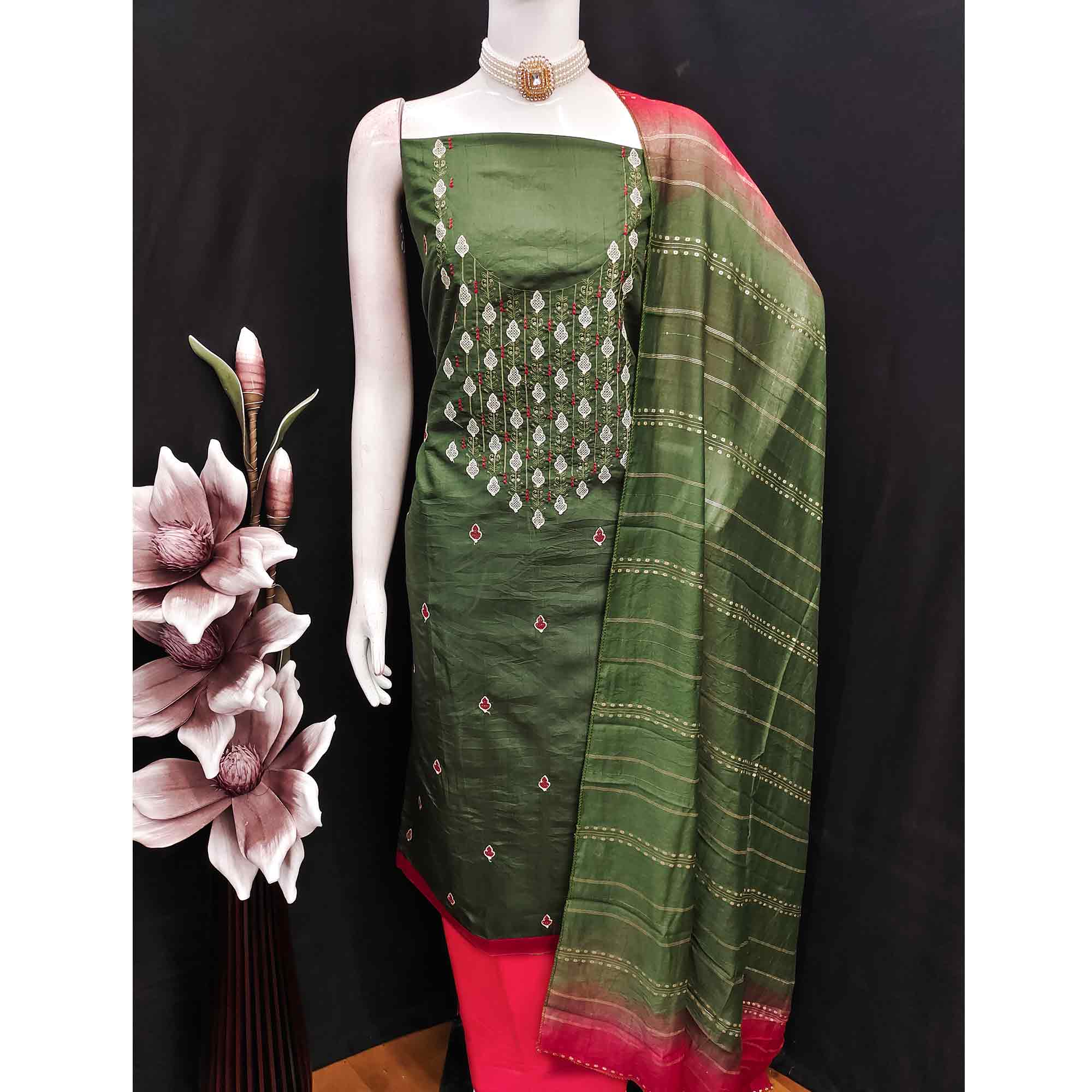 Elegant Green Floral Thread & Sequins Embroidered Silk Blend Dress Material - Image 5