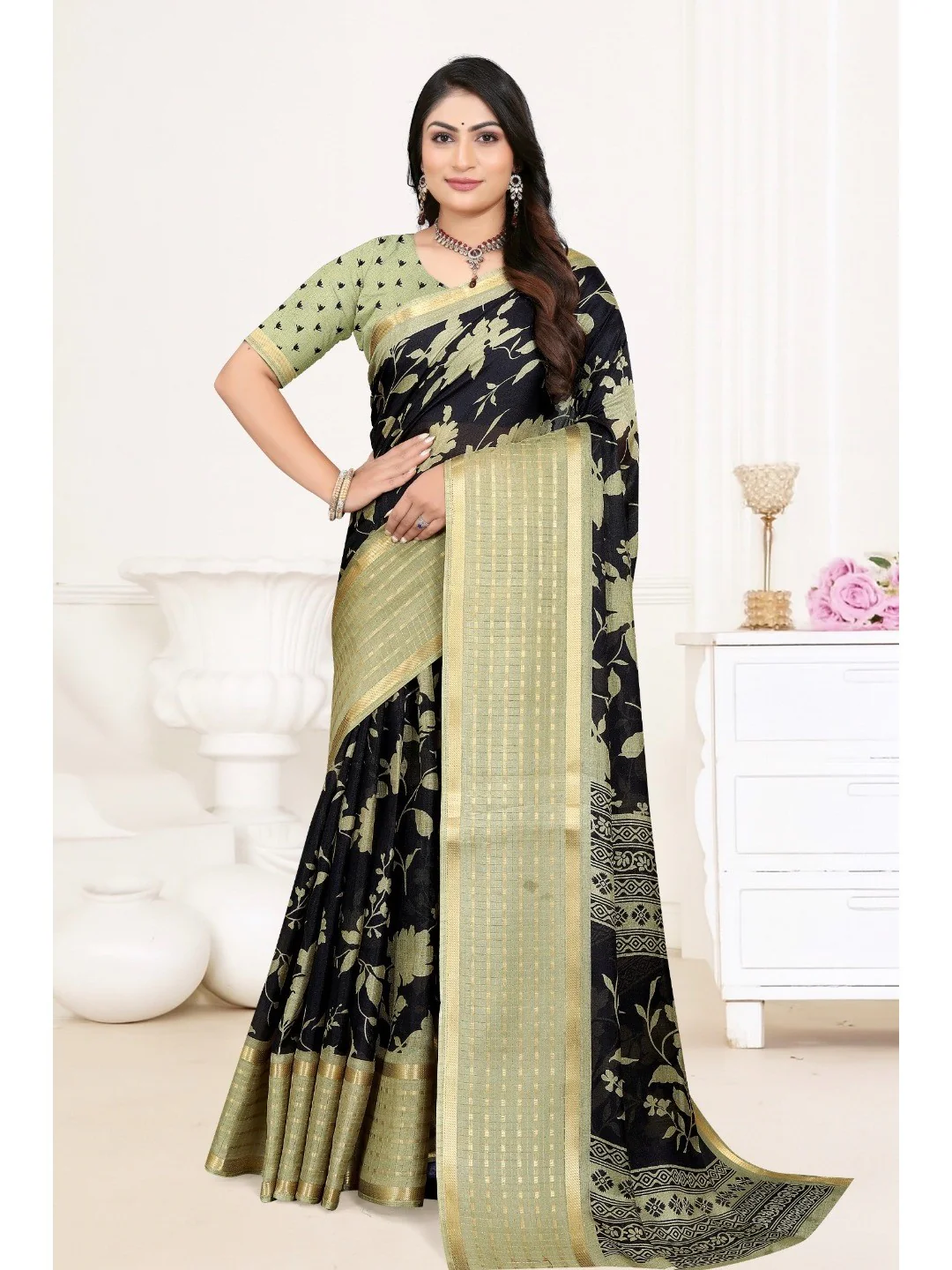 Elegant Green Khaadi Saree with Floral Print and Golden Border