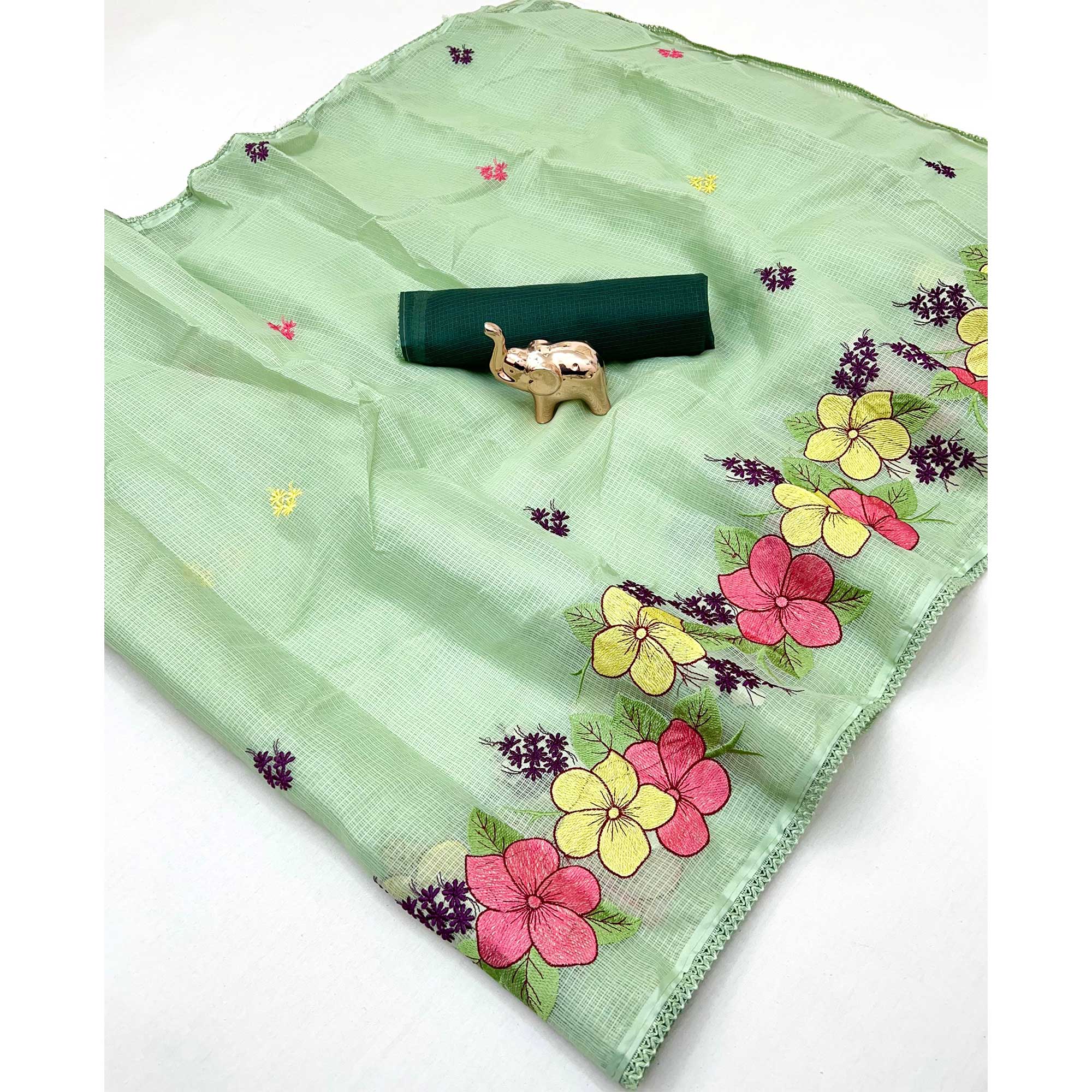 Elegant Green Kota Doria Saree with Detailed Floral Thread Work & Premium Crochet Lace Border - Image 3
