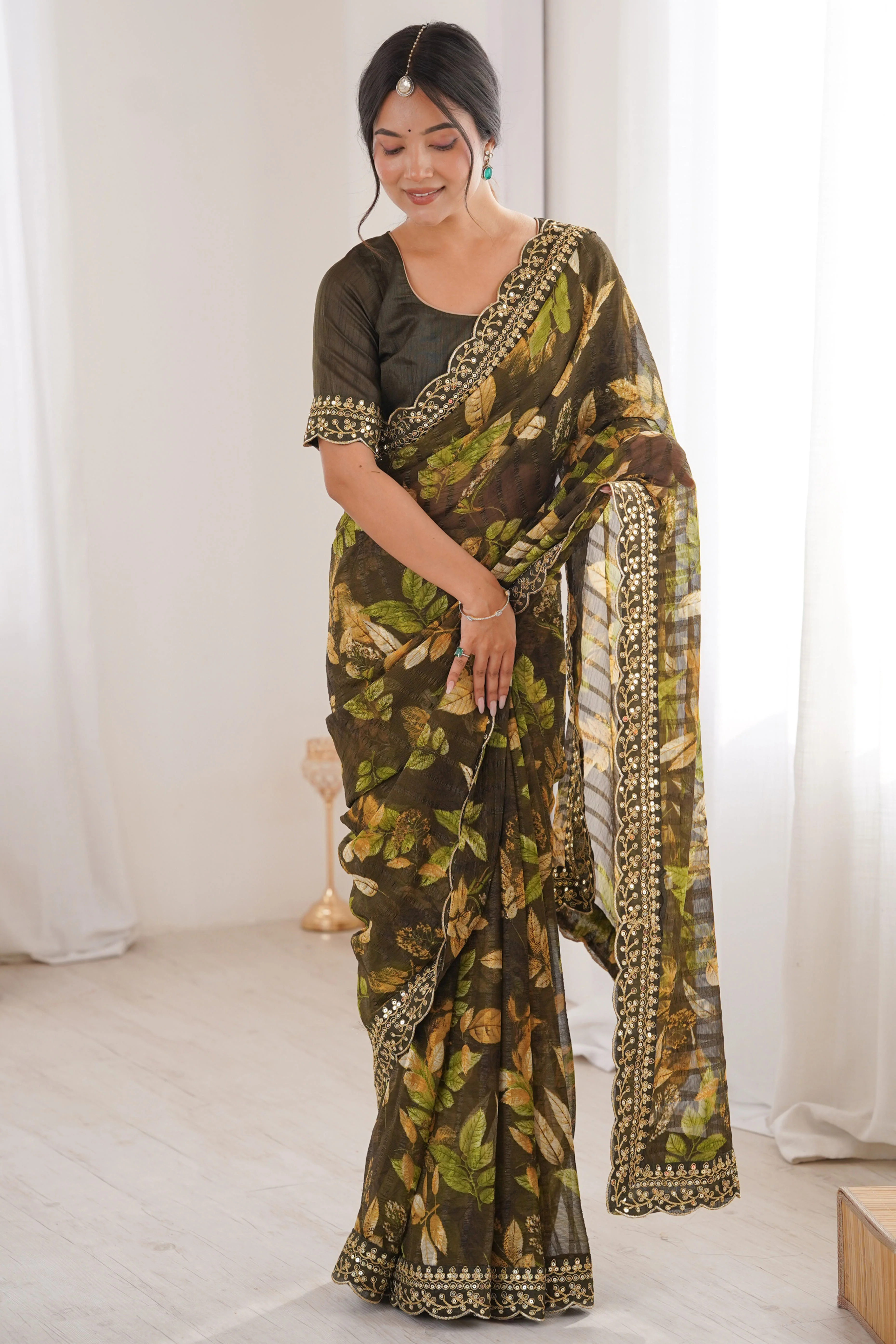 Elegant Green Leaf & Floral Print Georgette Saree With Intricate Cording Sequins Embroidery Border - Image 3