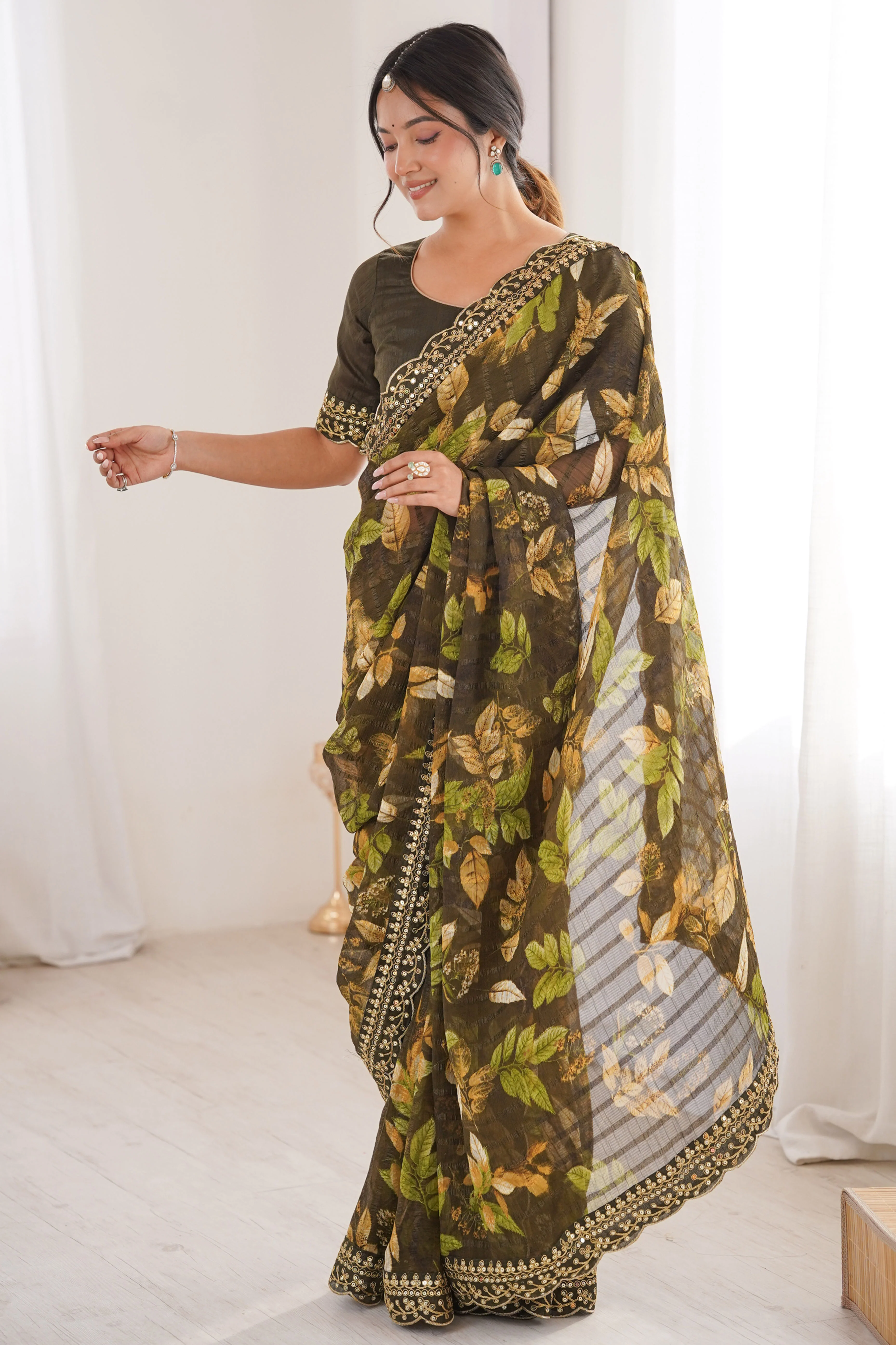 Elegant Green Leaf & Floral Print Georgette Saree With Intricate Cording Sequins Embroidery Border - Image 4