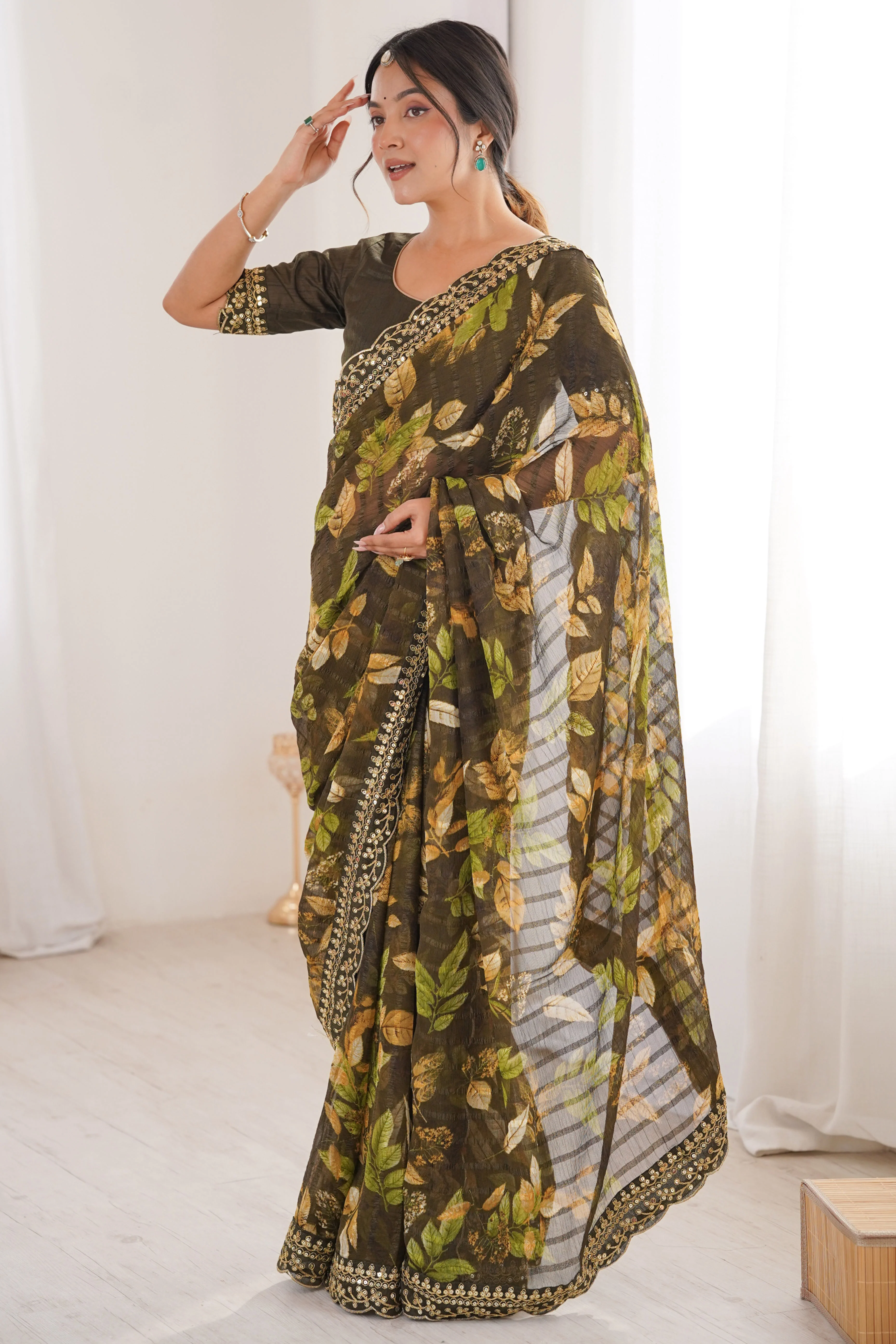 Elegant Green Leaf & Floral Print Georgette Saree With Intricate Cording Sequins Embroidery Border - Image 5