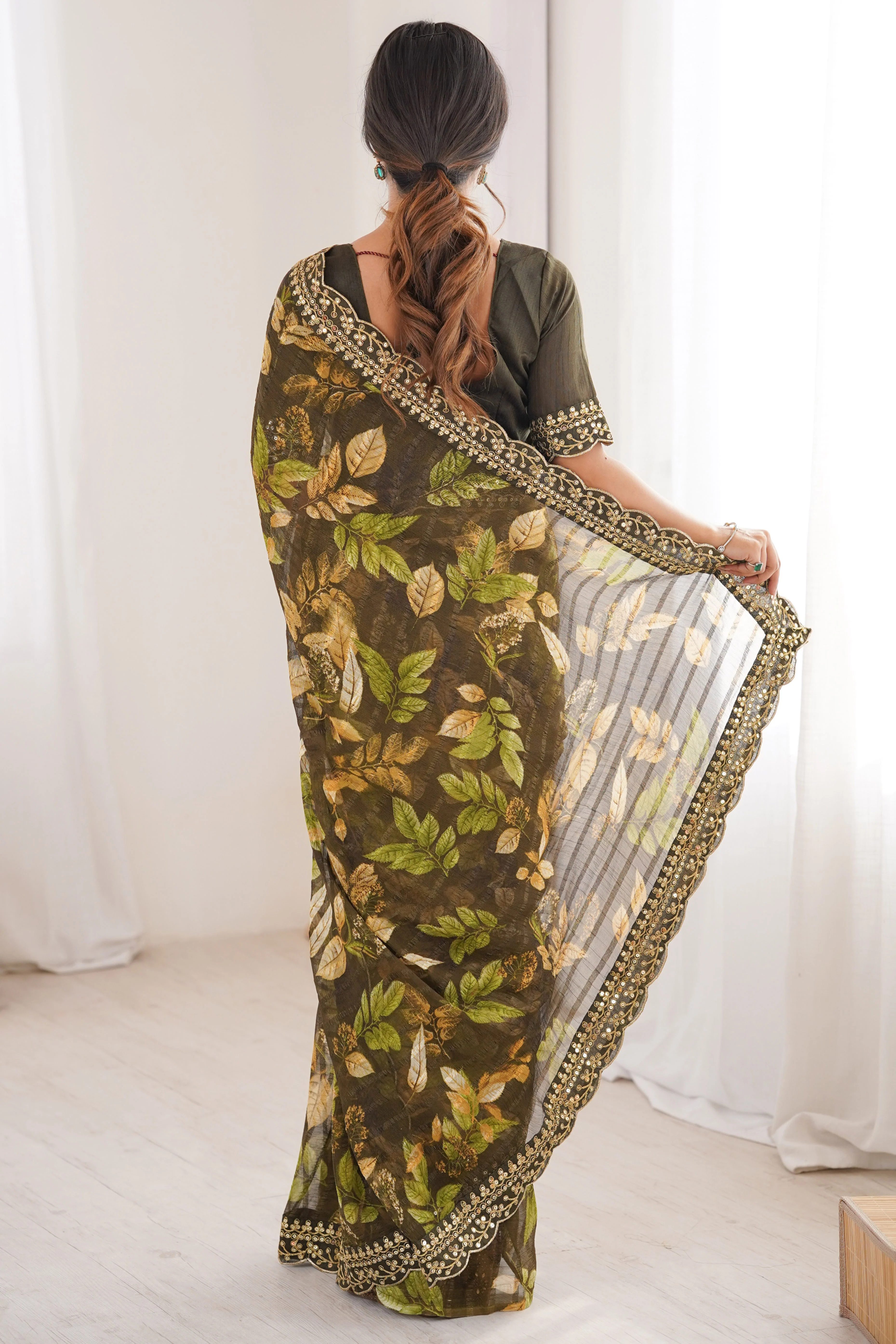 Elegant Green Leaf & Floral Print Georgette Saree With Intricate Cording Sequins Embroidery Border - Image 6