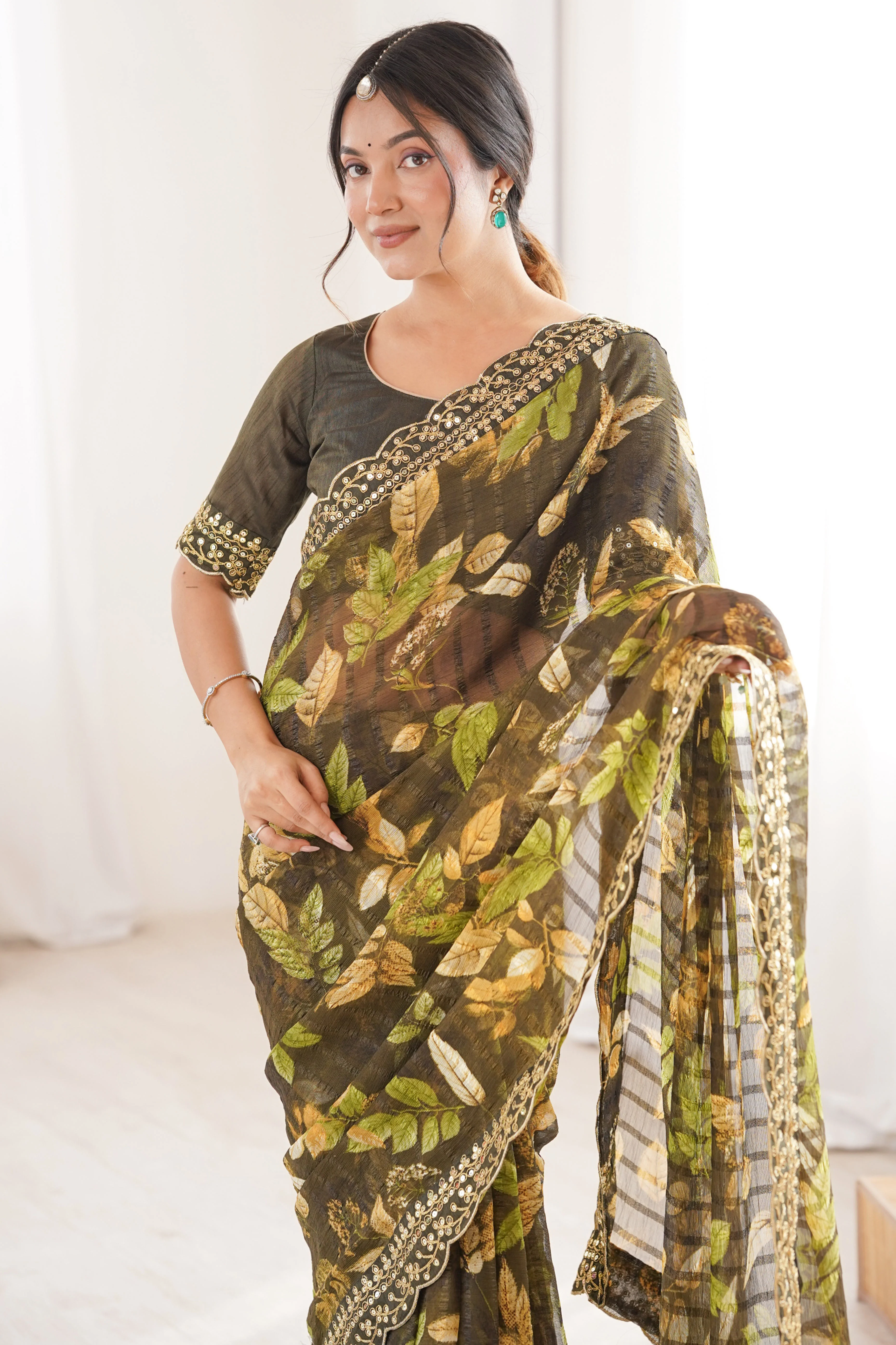 Elegant Green Leaf & Floral Print Georgette Saree With Intricate Cording Sequins Embroidery Border - Image 7